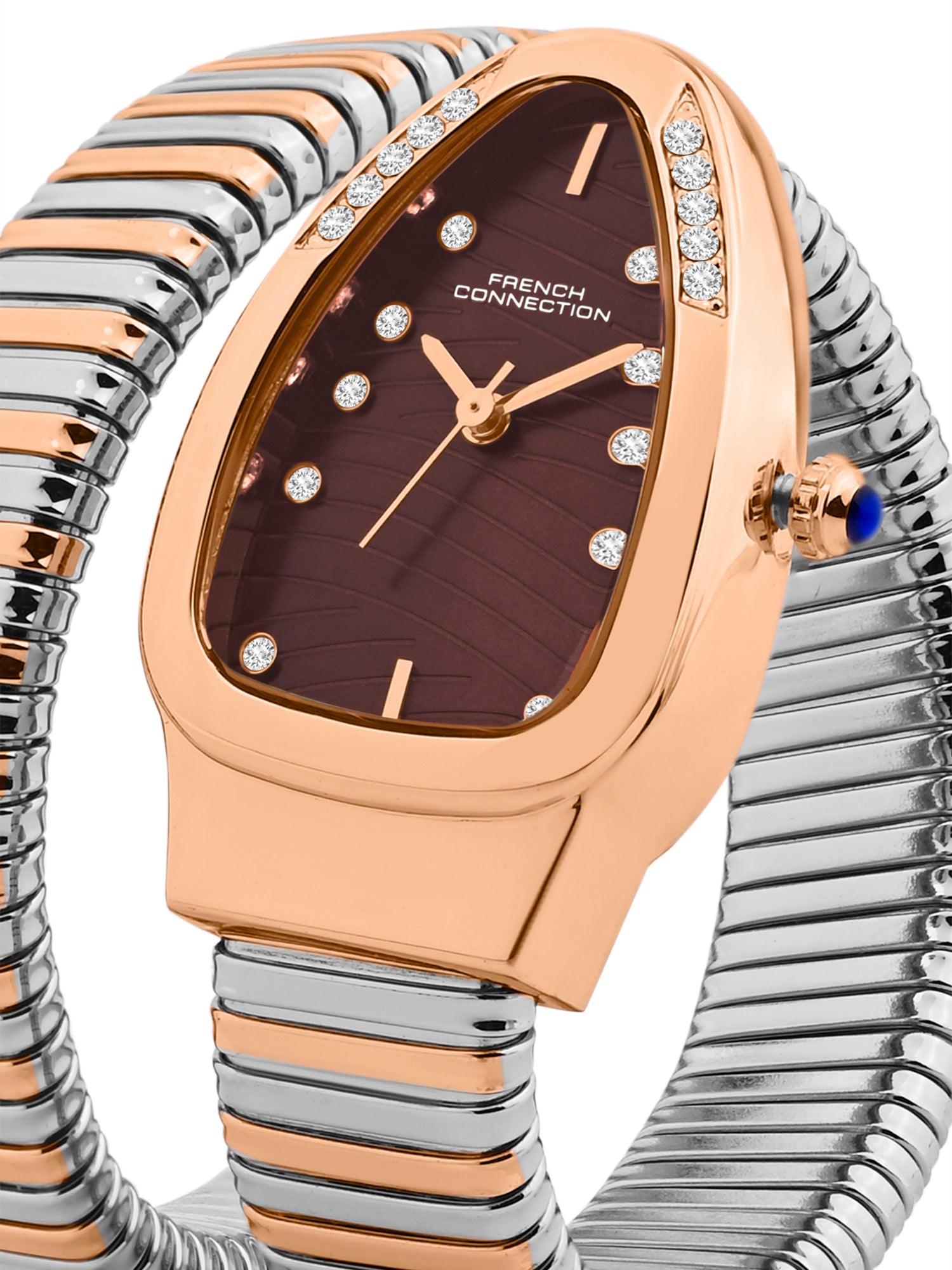 French Connection Women Snake-Shaped Wrap Around Analogue Watch FCN0189BRTM - Brown Dial Rose Gold Two-Tone
