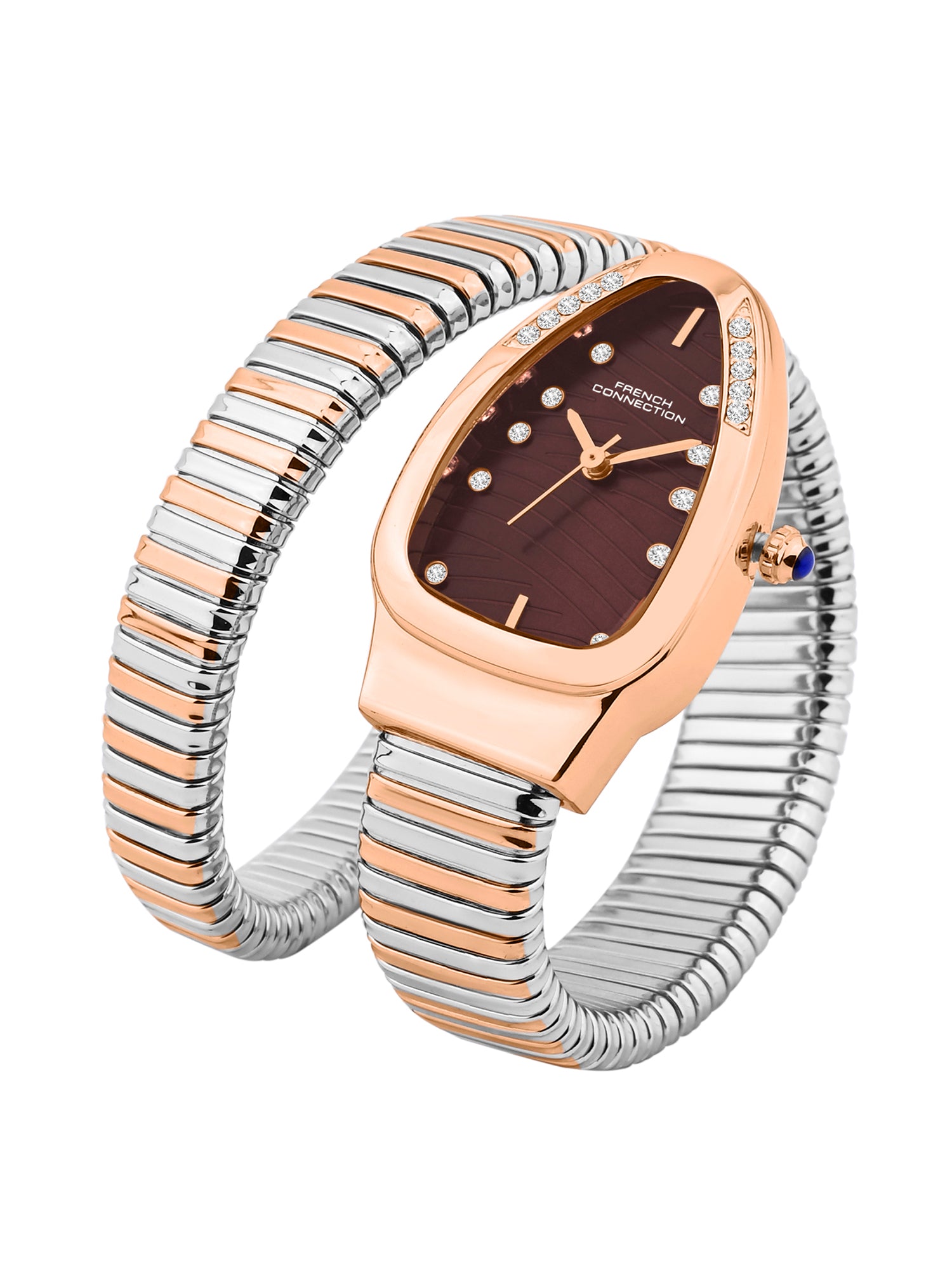 French Connection Women Snake-Shaped Wrap Around Analogue Watch FCN0189BRTM - Brown Dial Rose Gold Two-Tone