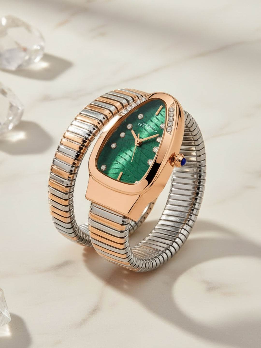 French Connection Women Snake-Shaped Wrap Around Analogue Watch FCN0189NRTM - Green Dial Two-Tone