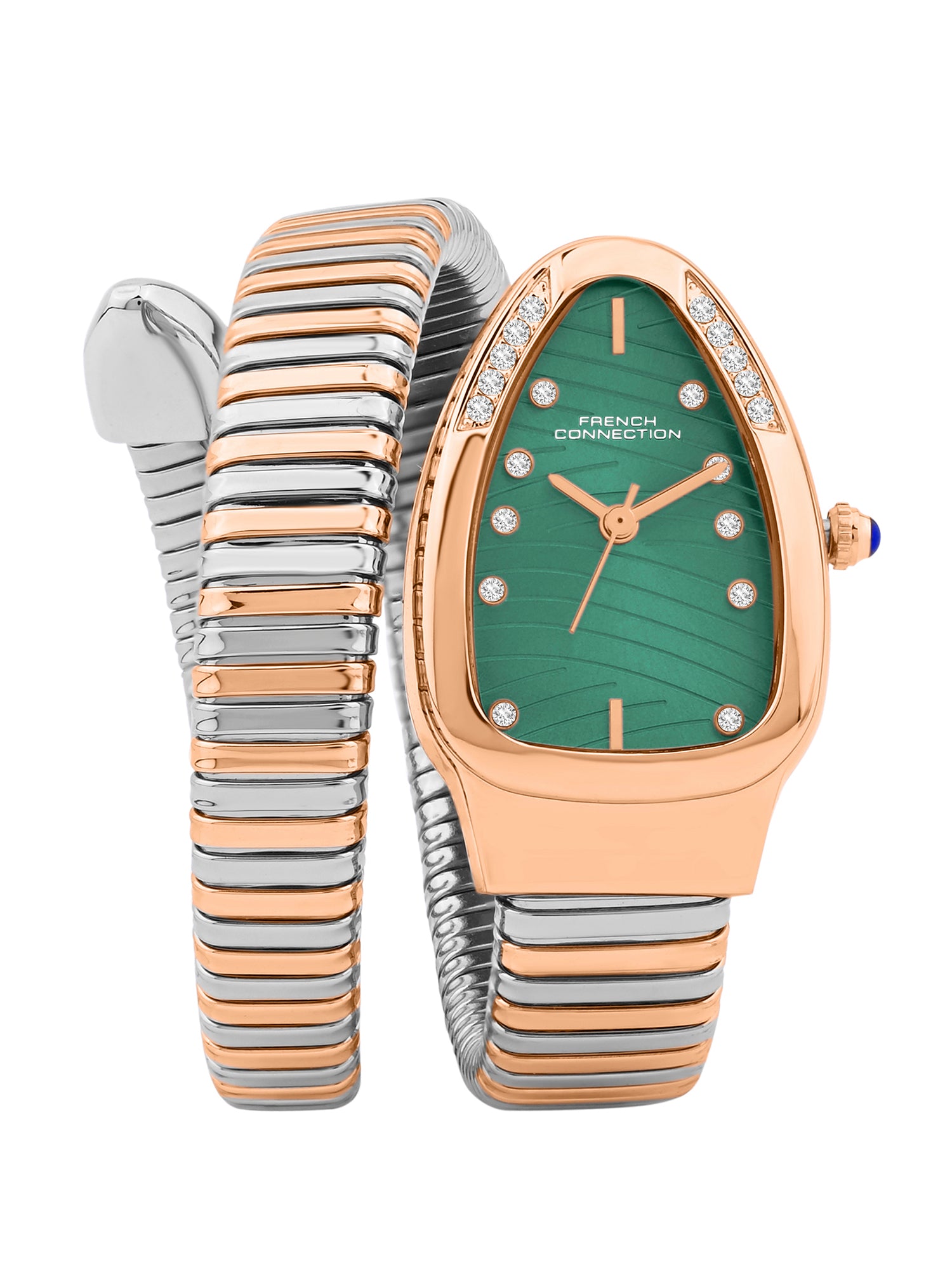 French Connection Women Snake-Shaped Wrap Around Analogue Watch FCN0189NRTM - Green Dial Two-Tone