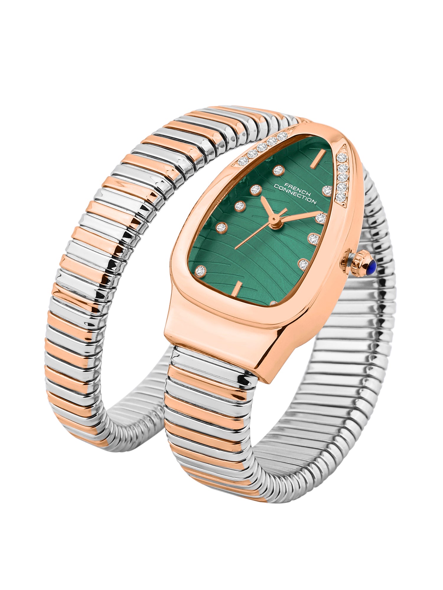 French Connection Women Snake-Shaped Wrap Around Analogue Watch FCN0189NRTM - Green Dial Two-Tone