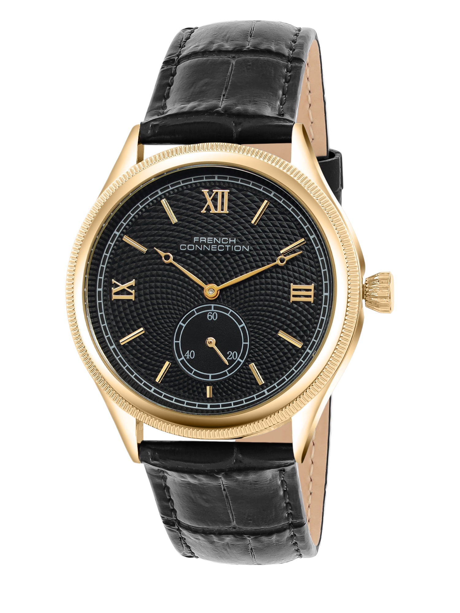 French Connection Heure Noble | Quartz Analog Display | Black Dial | Black Leather Strap | Watch for Men - FCN0208BL