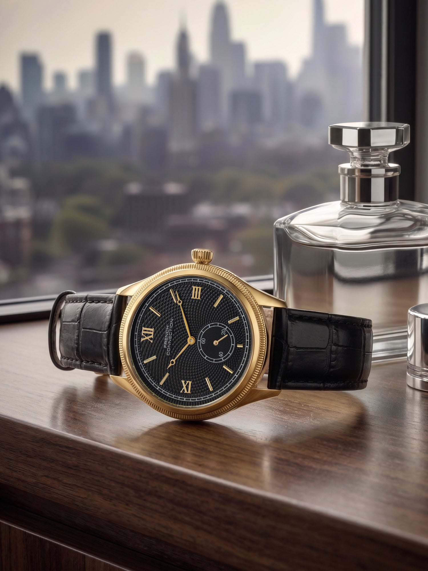 French Connection Heure Noble | Quartz Analog Display | Black Dial | Black Leather Strap | Watch for Men - FCN0208BL