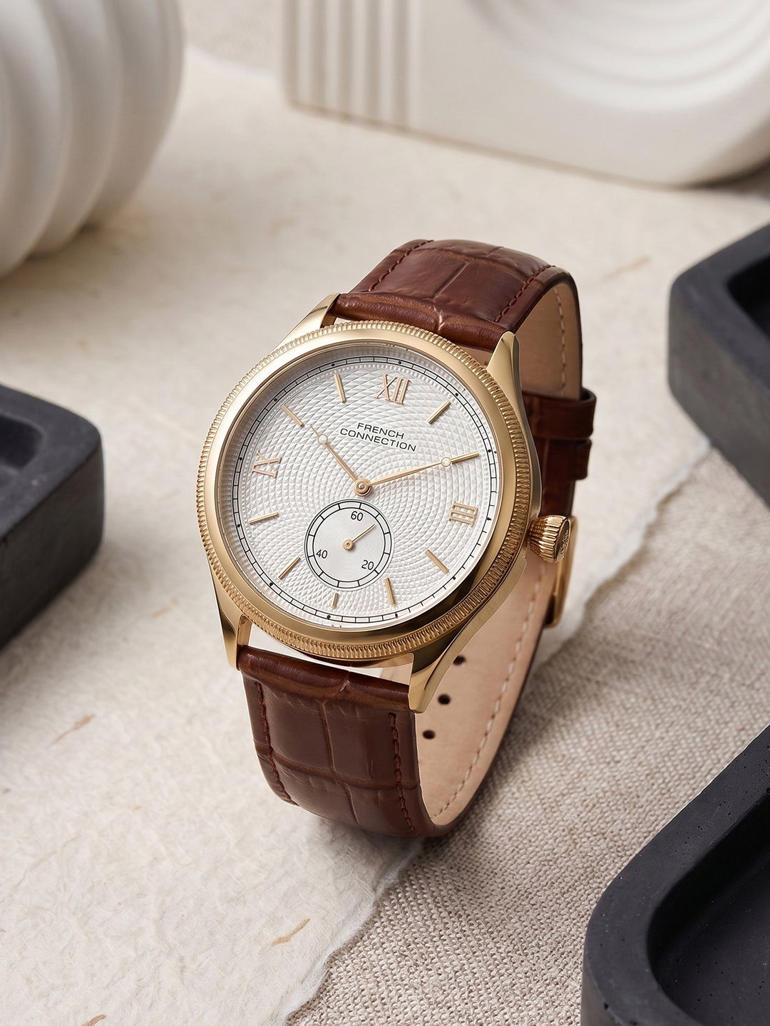 French Connection Heure Noble | Quartz Analog Display | White Dial | Brown Leather  Strap | Watch for Men - FCN0208BRL