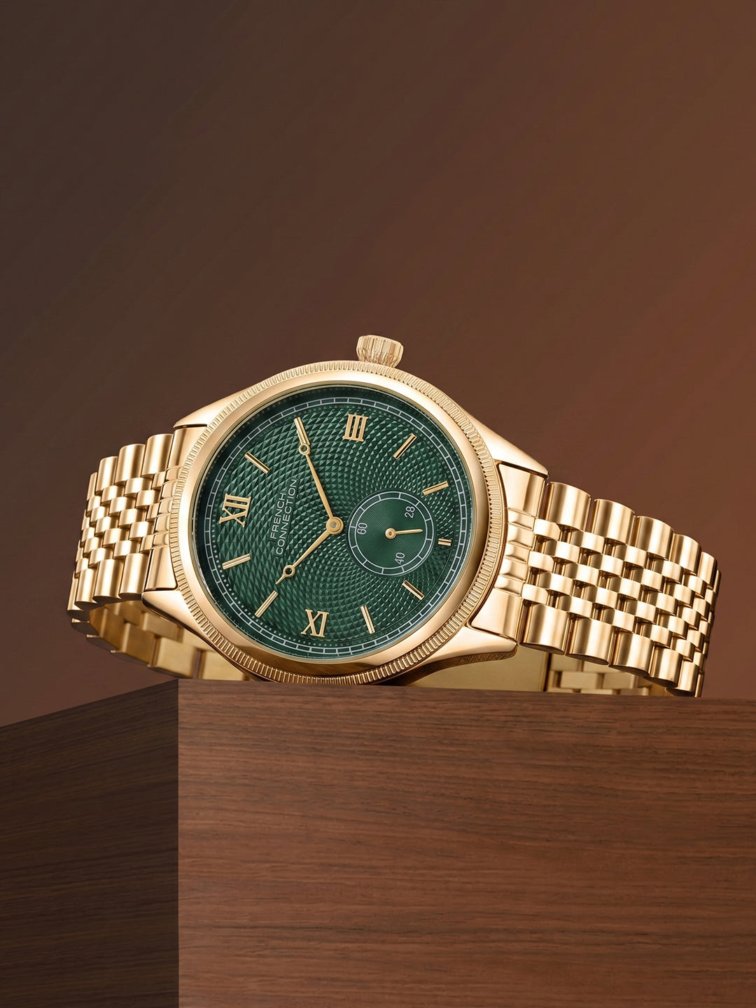 French Connection Heure Noble | Quartz Analog Display | Green Dial | Gold Stainless Steel  Strap | Watch for Men - FCN0208NGM