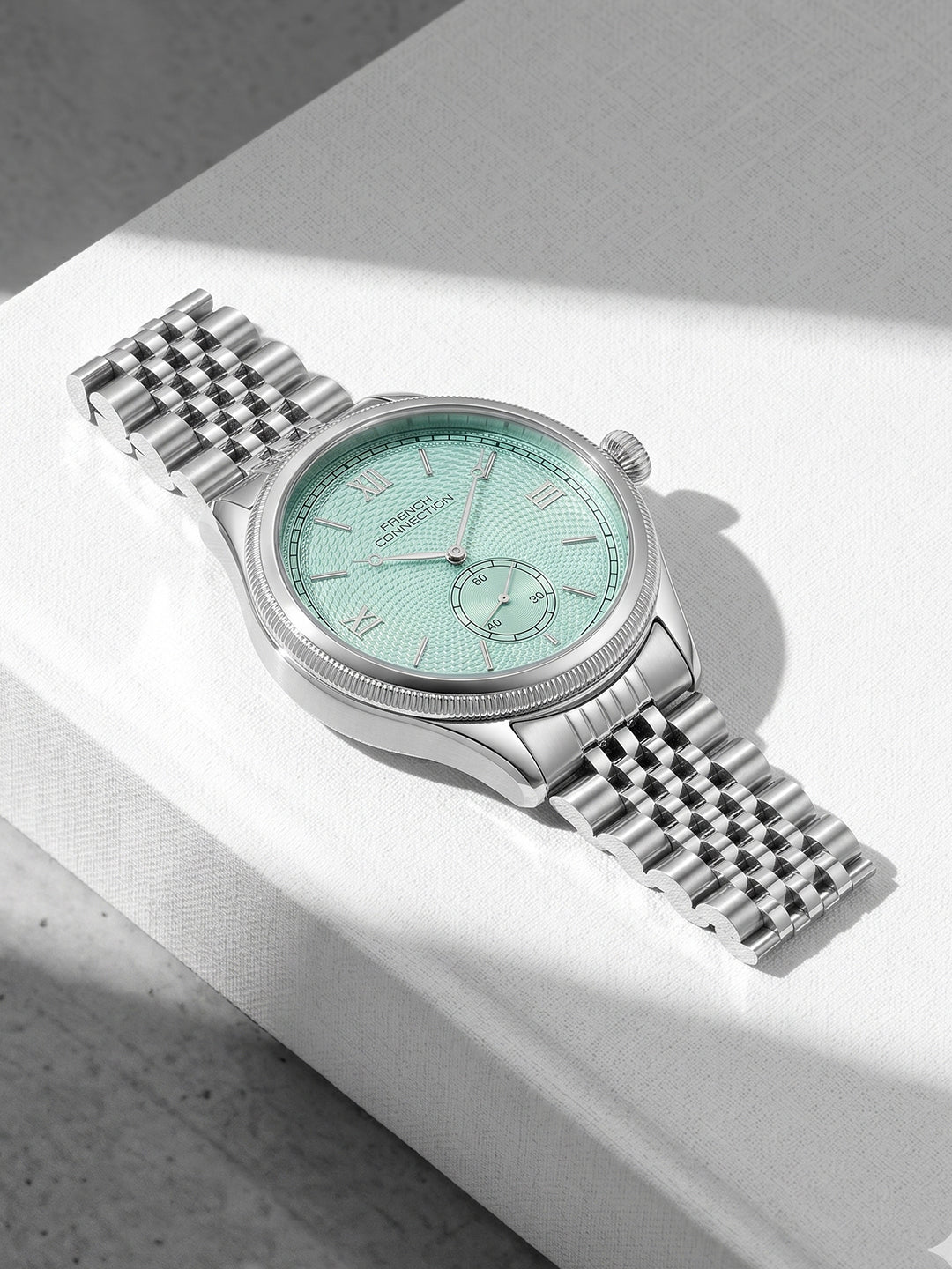 French Connection Heure Noble | Quartz Analog Display | Pista Dial | Silver Stainless Steel Strap | Watch for Men - FCN0208NSM