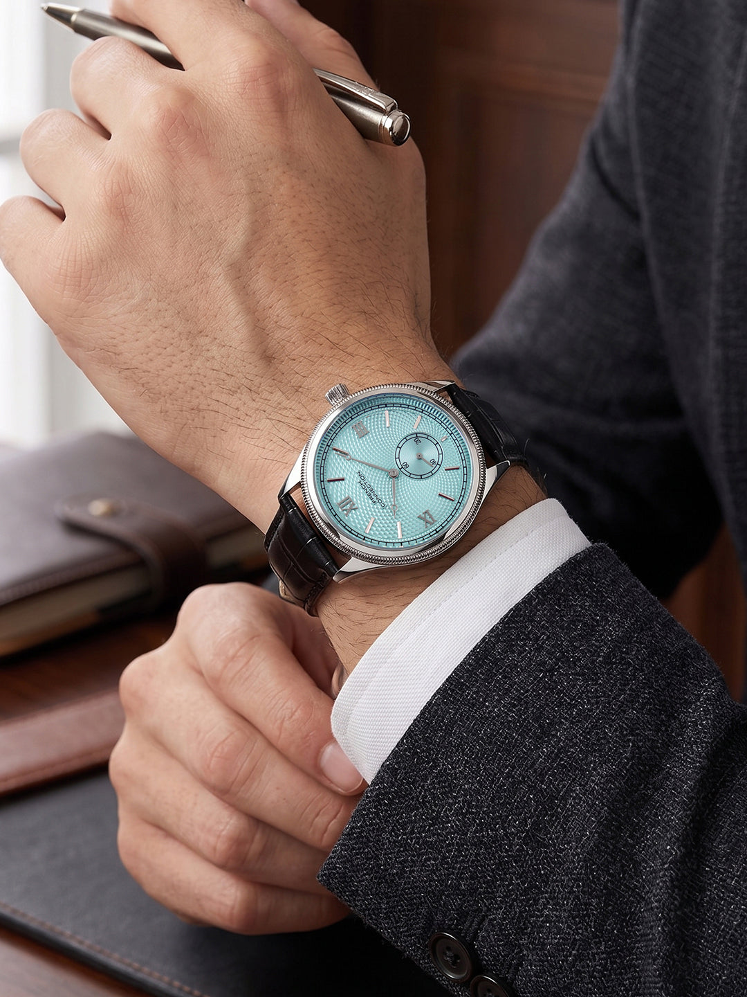 French Connection Heure Noble | Quartz Analog Display | Blue Dial | Black Leather  Strap | Watch for Men - FCN0208UBL
