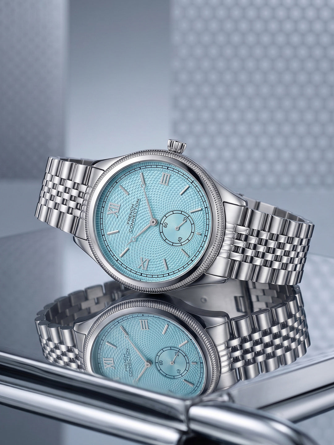 French Connection Heure Noble | Quartz Analog Display | Blue Dial | Silver Stainless Steel Strap | Watch for Men - FCN0208USM