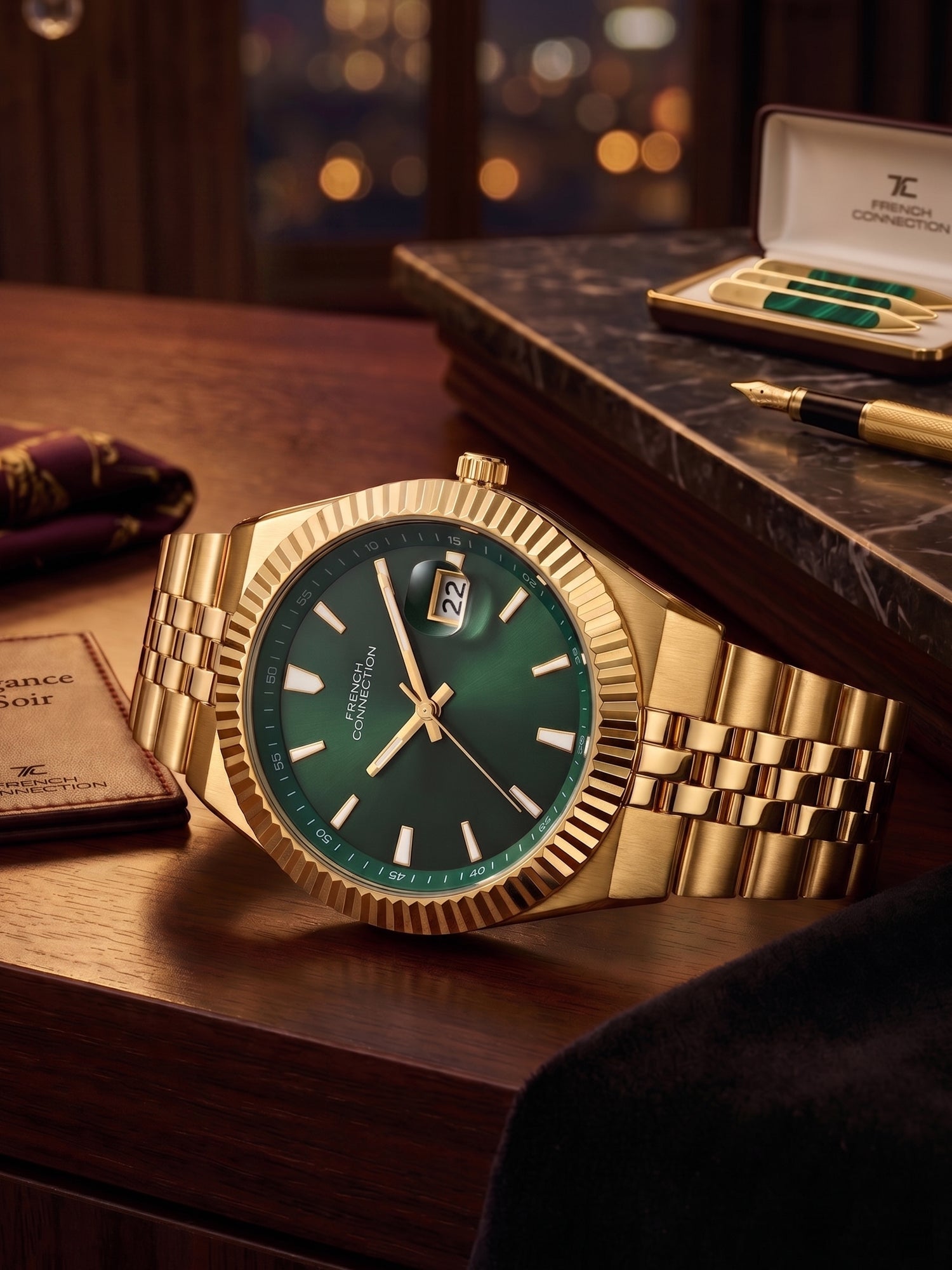 French Connection Jubilaire | Quartz Analog Display | Green Dial | Gold Stainless Steel Strap | Watch for Men - FCN0209NGM