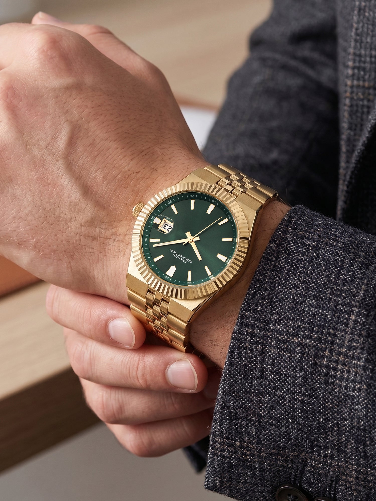 French Connection Jubilaire | Quartz Analog Display | Green Dial | Gold Stainless Steel Strap | Watch for Men - FCN0209NGM