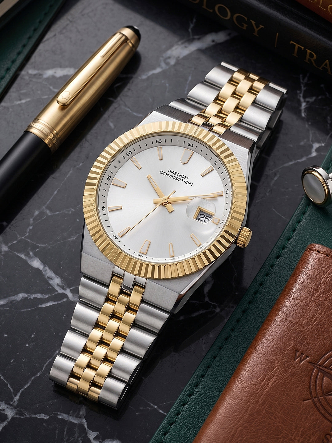 French Connection Steelora | Quartz Dated Display | Silver Dial | Stainless Steel Strap | Watch for Men - FCN0209STM