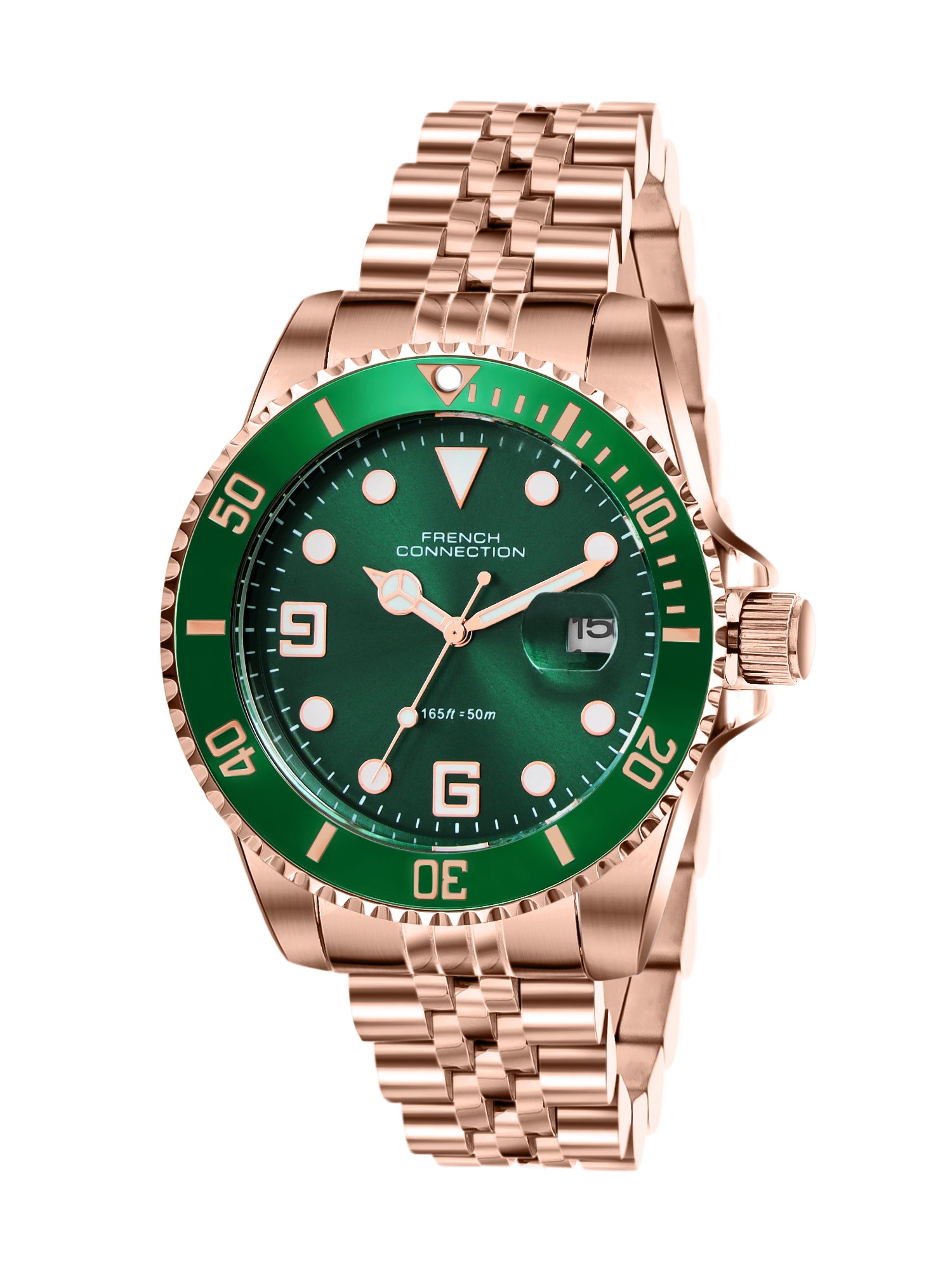 French Connection Steelora | Quartz Dated Display | Green Dial | Rose Gold Stainless Steel Strap | Watch for Men - FCN0210NRGM
