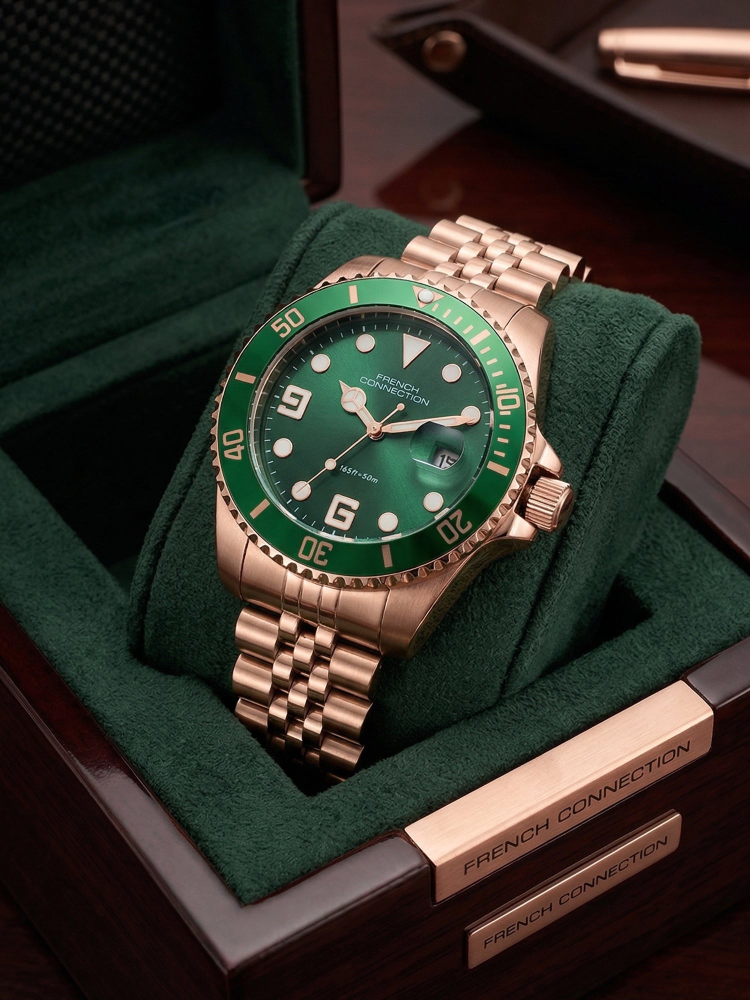 French Connection Steelora | Quartz Dated Display | Green Dial | Rose Gold Stainless Steel Strap | Watch for Men - FCN0210NRGM