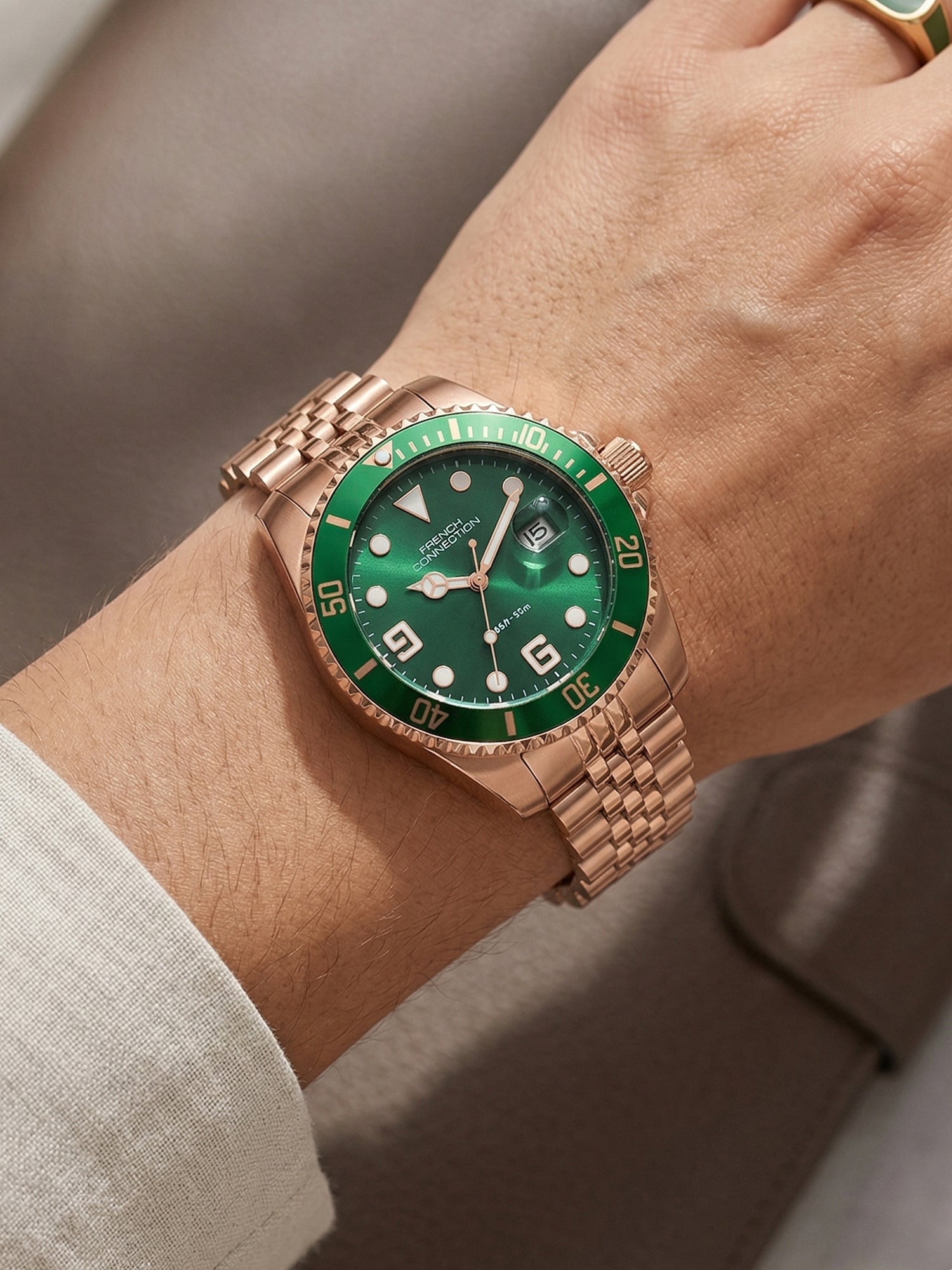 French Connection Steelora | Quartz Dated Display | Green Dial | Rose Gold Stainless Steel Strap | Watch for Men - FCN0210NRGM
