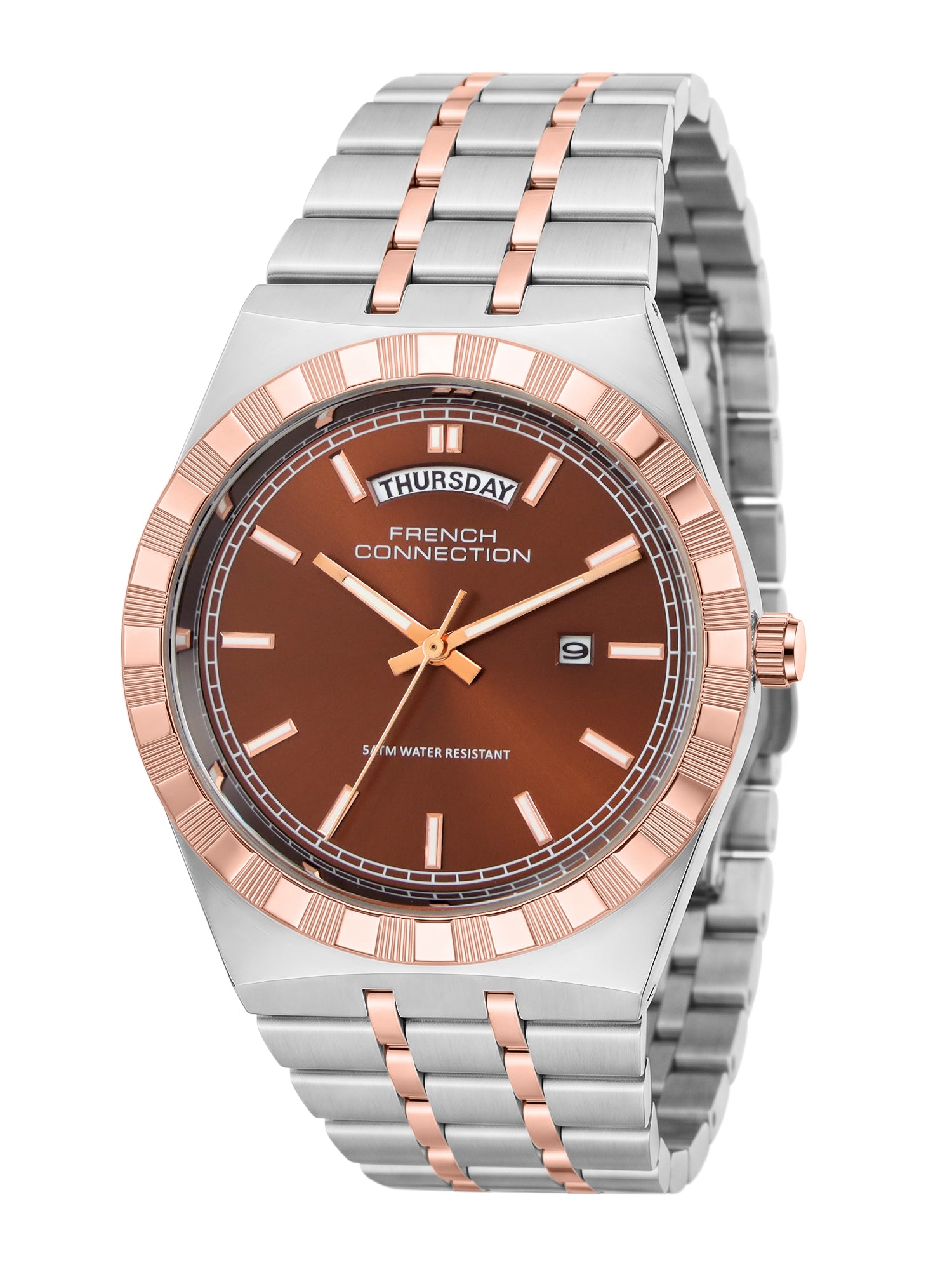 French Connection Courant Classique | Quartz Analog Display | Day Date Display Brown Dial | Two-Tone Stainless Steel Strap | Watch for Men - FCN0211BRTM