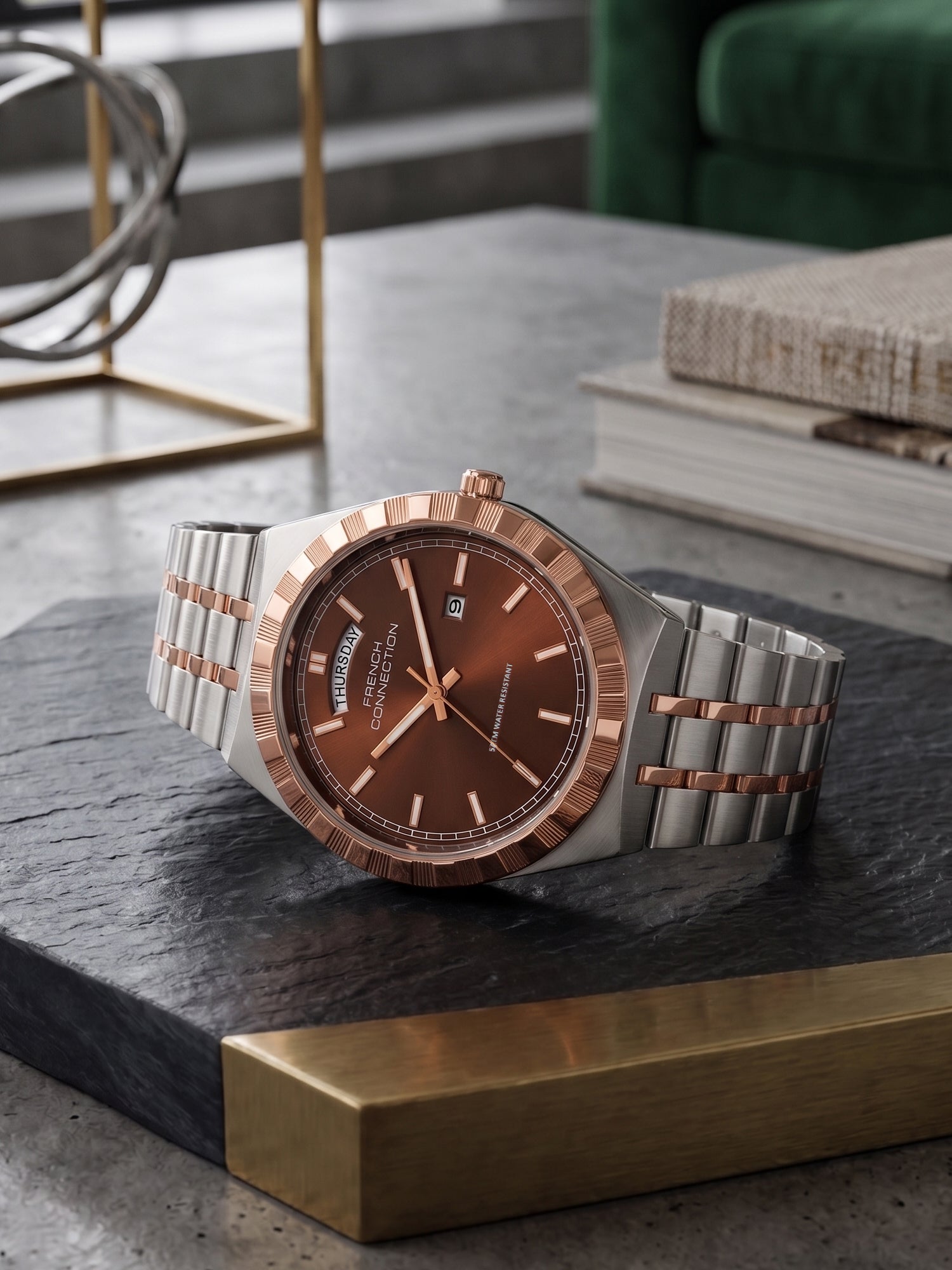 French Connection Courant Classique | Quartz Analog Display | Day Date Display Brown Dial | Two-Tone Stainless Steel Strap | Watch for Men - FCN0211BRTM