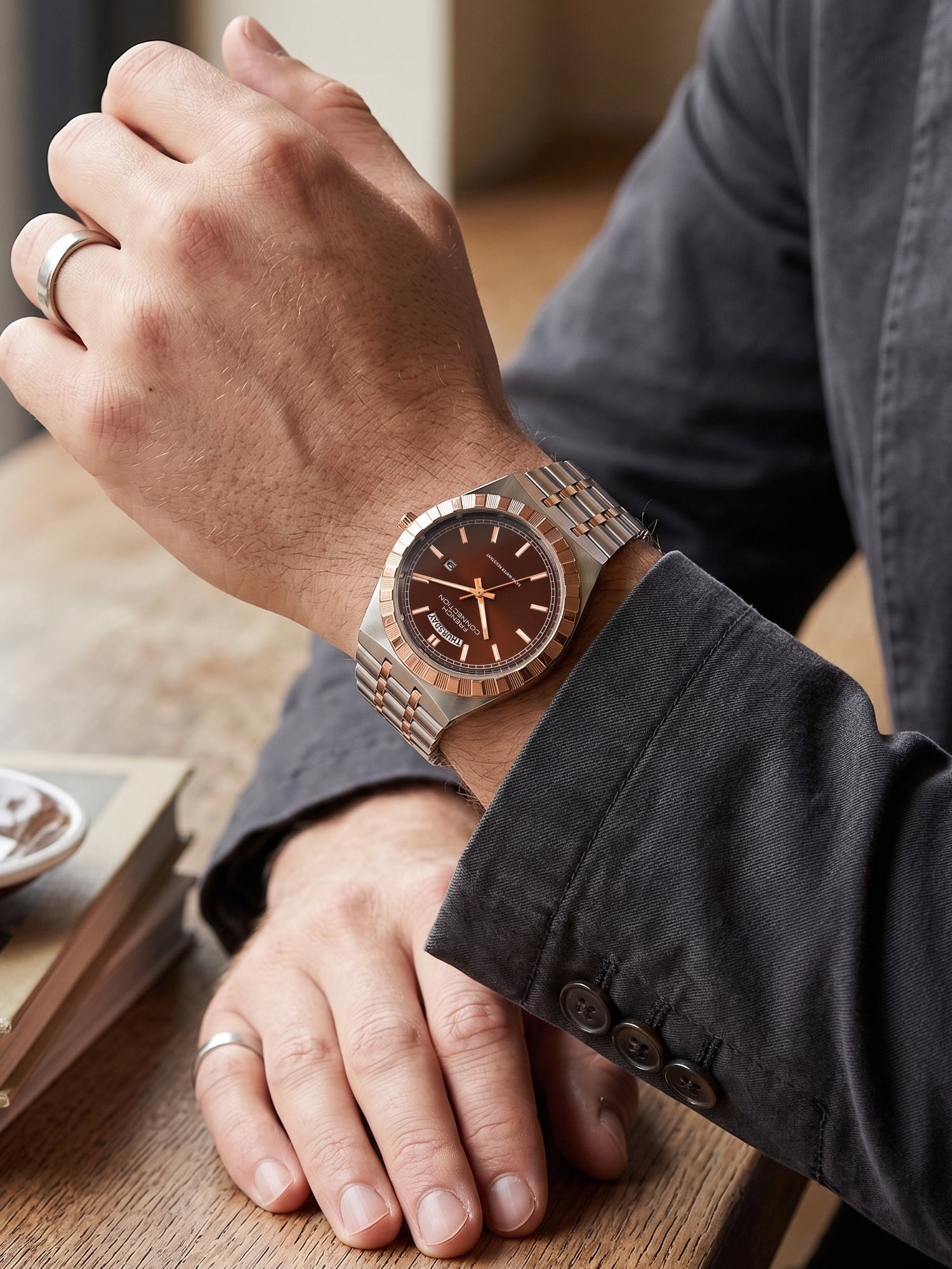 French Connection Courant Classique | Quartz Analog Display | Day Date Display Brown Dial | Two-Tone Stainless Steel Strap | Watch for Men - FCN0211BRTM