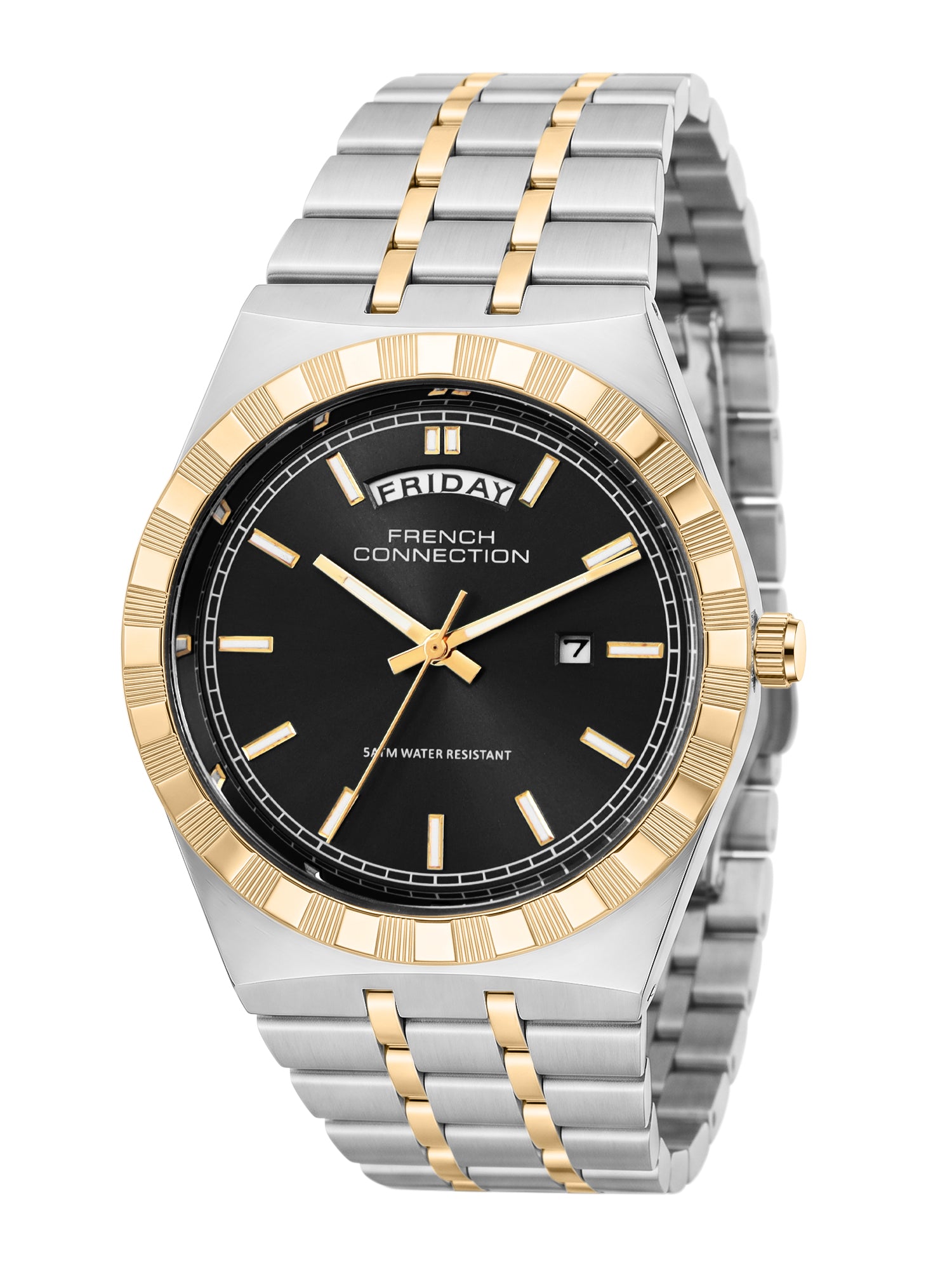 French Connection Courant Classique | Quartz Analog Display | Day Date Display Black Dial | Two-Tone Stainless Steel Strap | Watch for Men - FCN0211BTM