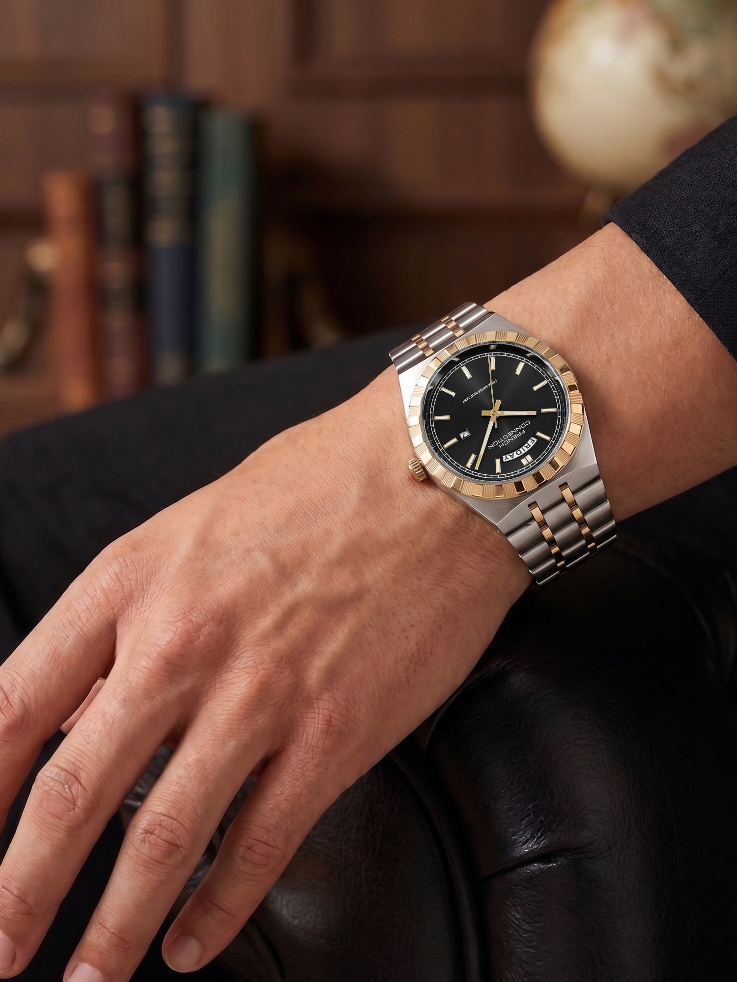 French Connection Courant Classique | Quartz Analog Display | Day Date Display Black Dial | Two-Tone Stainless Steel Strap | Watch for Men - FCN0211BTM