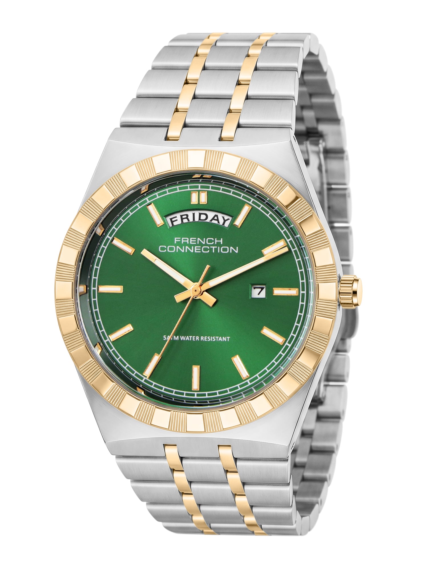 French Connection Courant Classique | Quartz Analog Display | Day Date Display Green Dial | Two-Tone Stainless Steel Strap | Watch for Men - FCN0211NTM