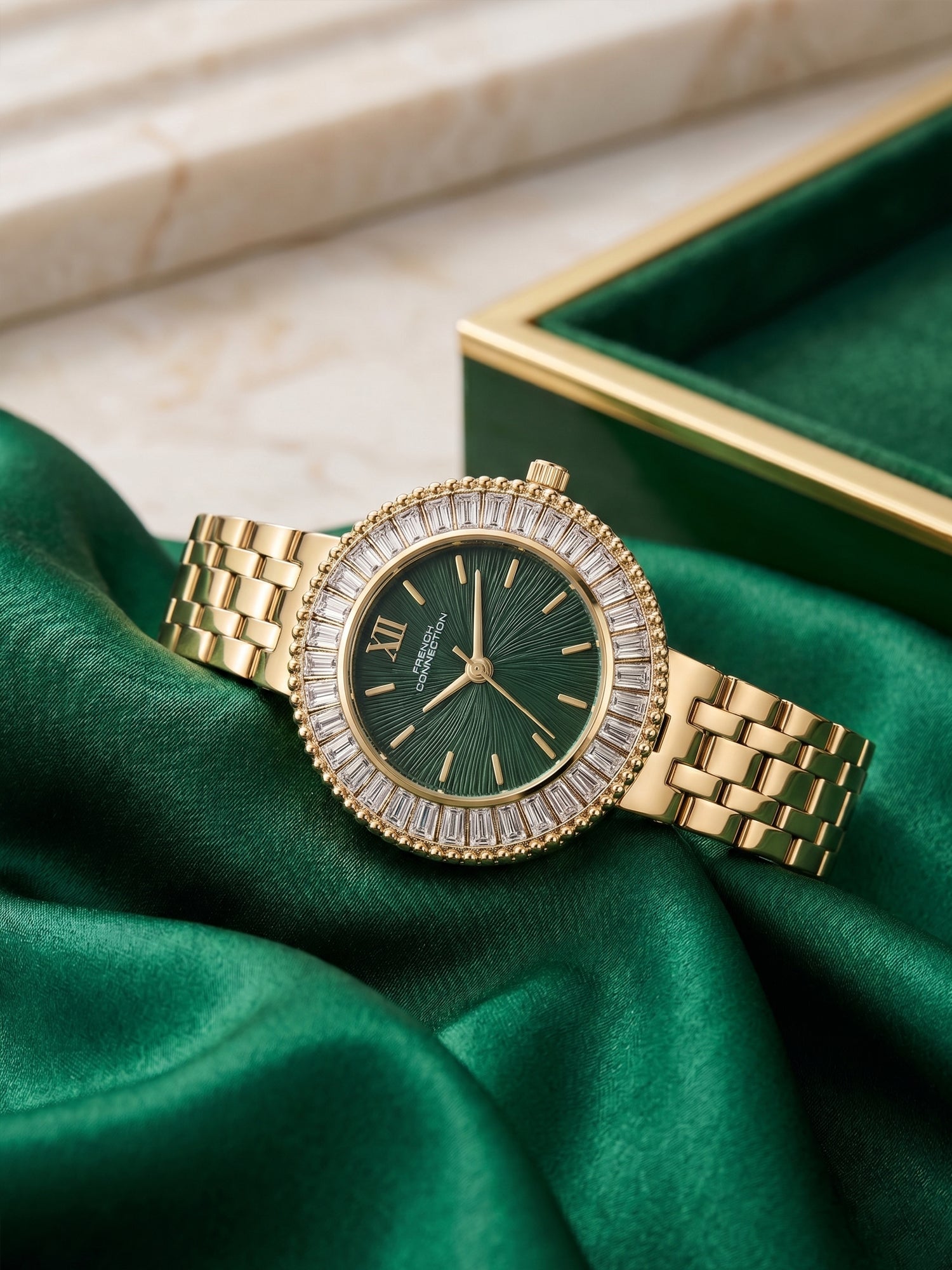 French Connection Couronne Éclat | Quartz Jewellery Bezel | Green  Dial | Stainless Steel Strap | Watch for Women - FCN0213NGM