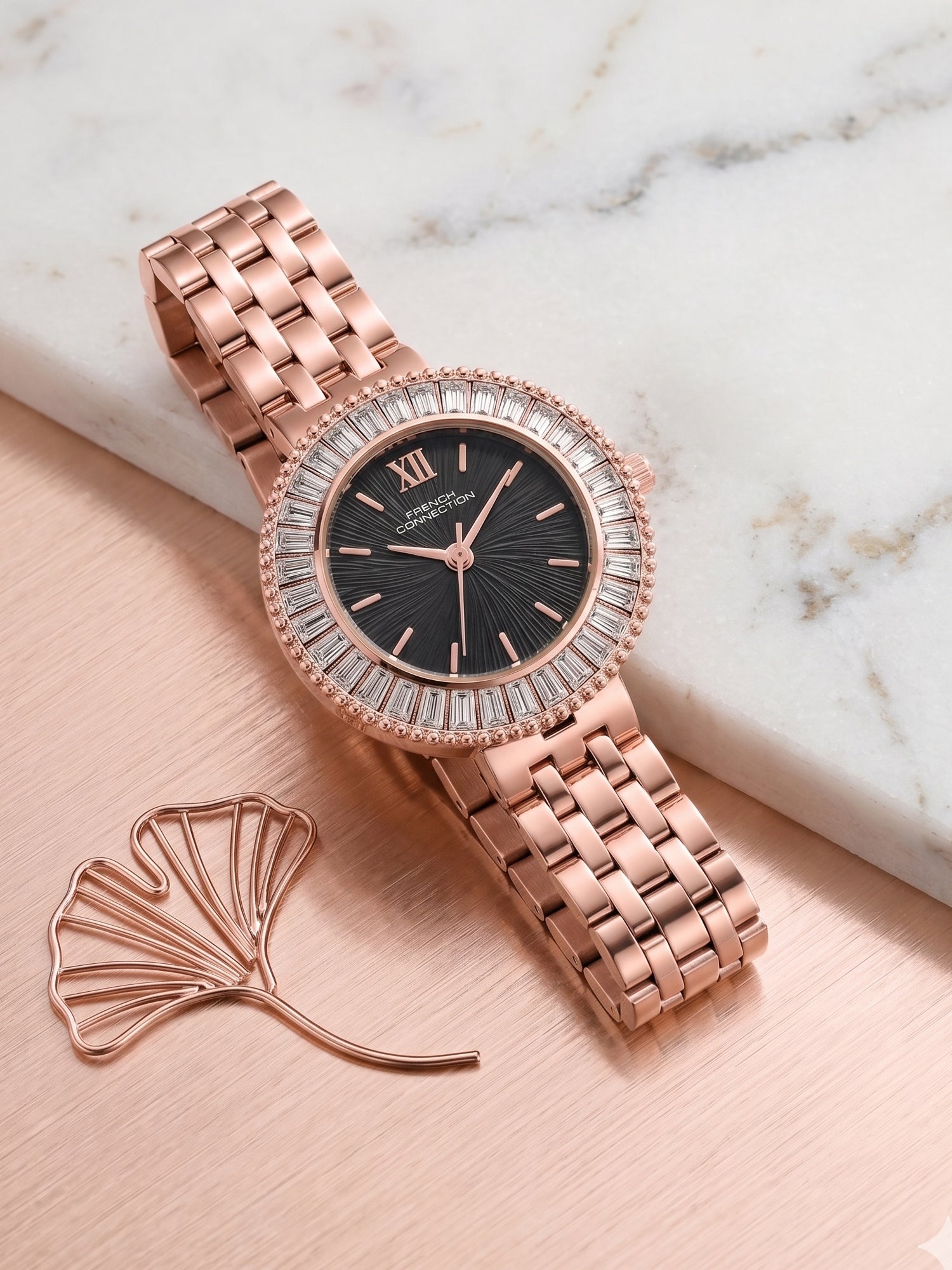 French Connection Couronne Éclat | Quartz Jewellery Bezel | Black  Dial | Stainless Steel Strap | Watch for Women - FCN0213RGM