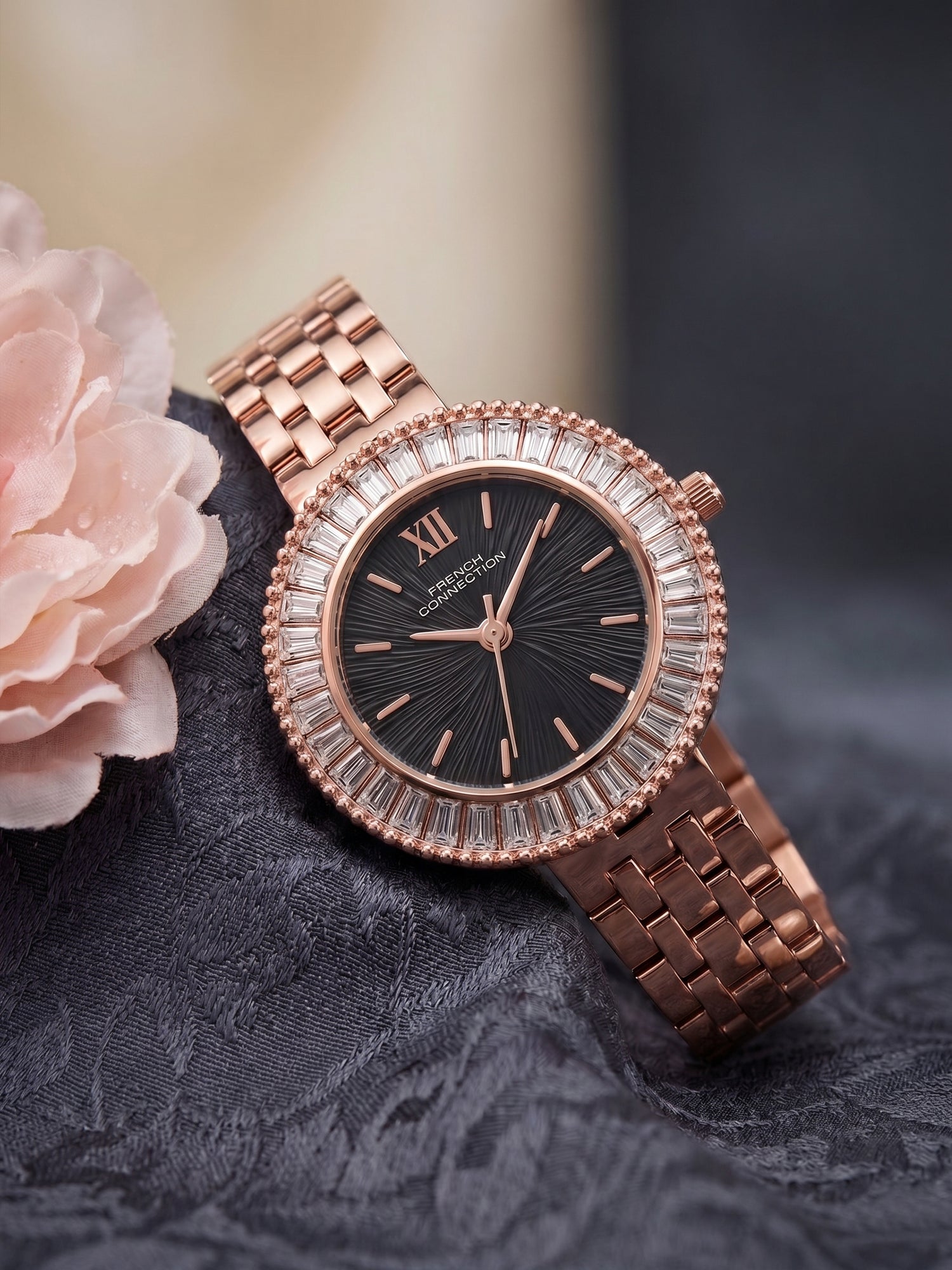 French Connection Couronne Éclat | Quartz Jewellery Bezel | Black  Dial | Stainless Steel Strap | Watch for Women - FCN0213RGM