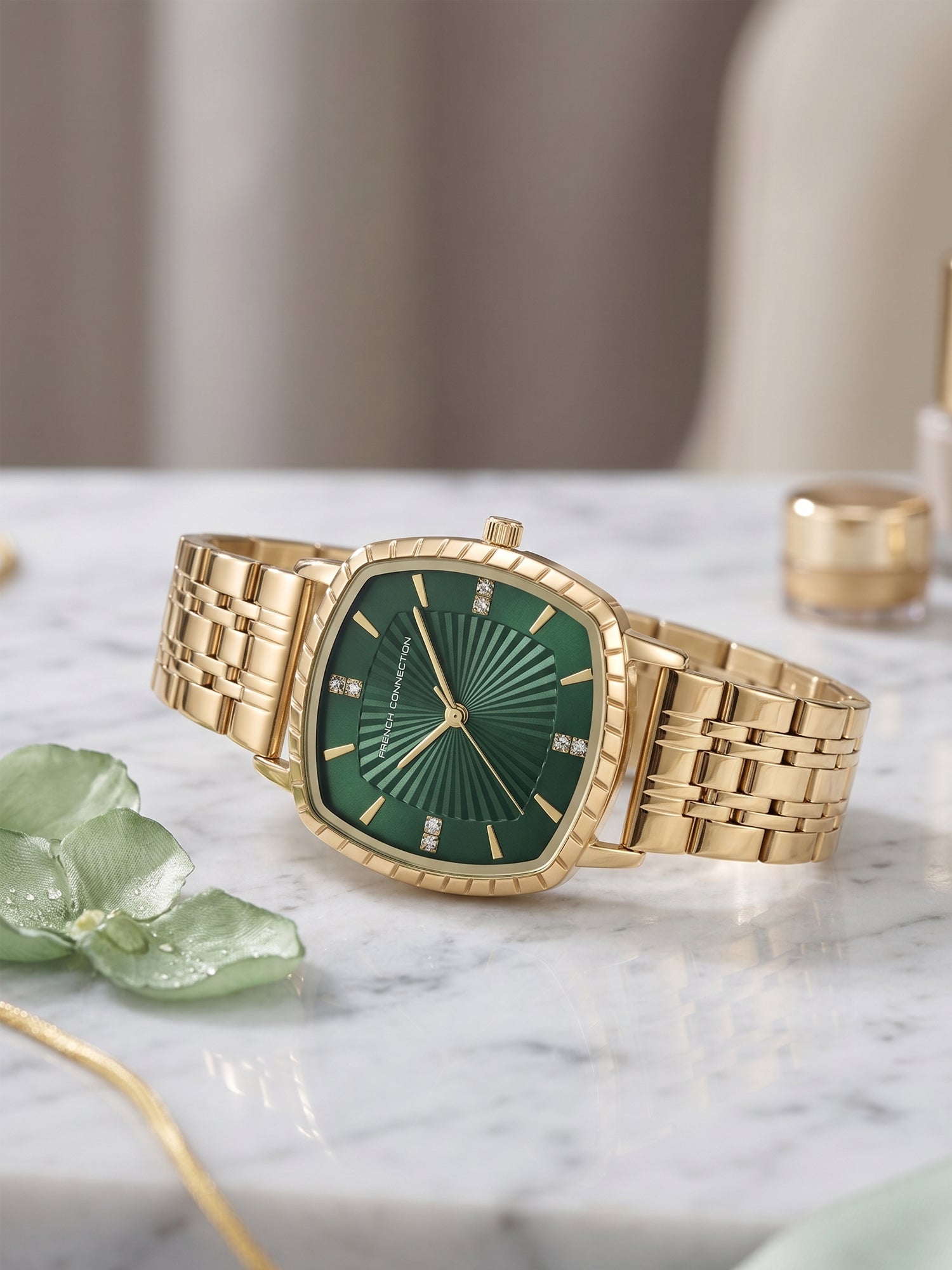 French Connection Luminéa | Quartz Jewellery Bezel | Green  Dial | Stainless Steel Strap | Watch for Women - FCN0214NGM