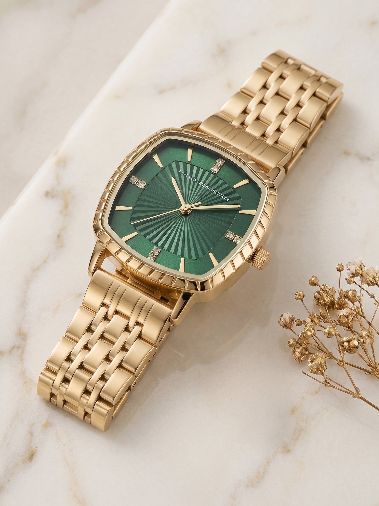 French Connection Luminéa | Quartz Jewellery Bezel | Green  Dial | Stainless Steel Strap | Watch for Women - FCN0214NGM