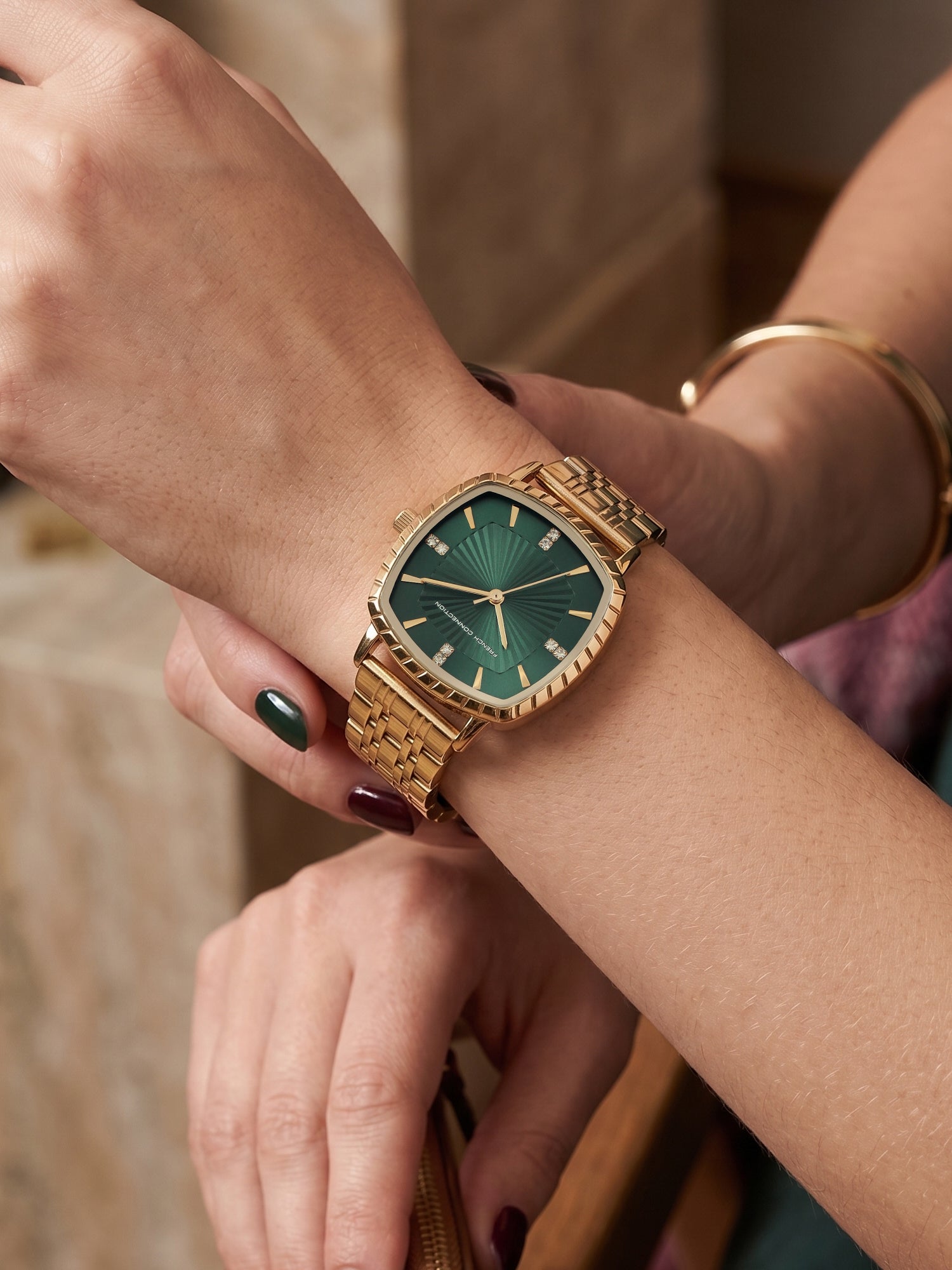 French Connection Luminéa | Quartz Jewellery Bezel | Green  Dial | Stainless Steel Strap | Watch for Women - FCN0214NGM