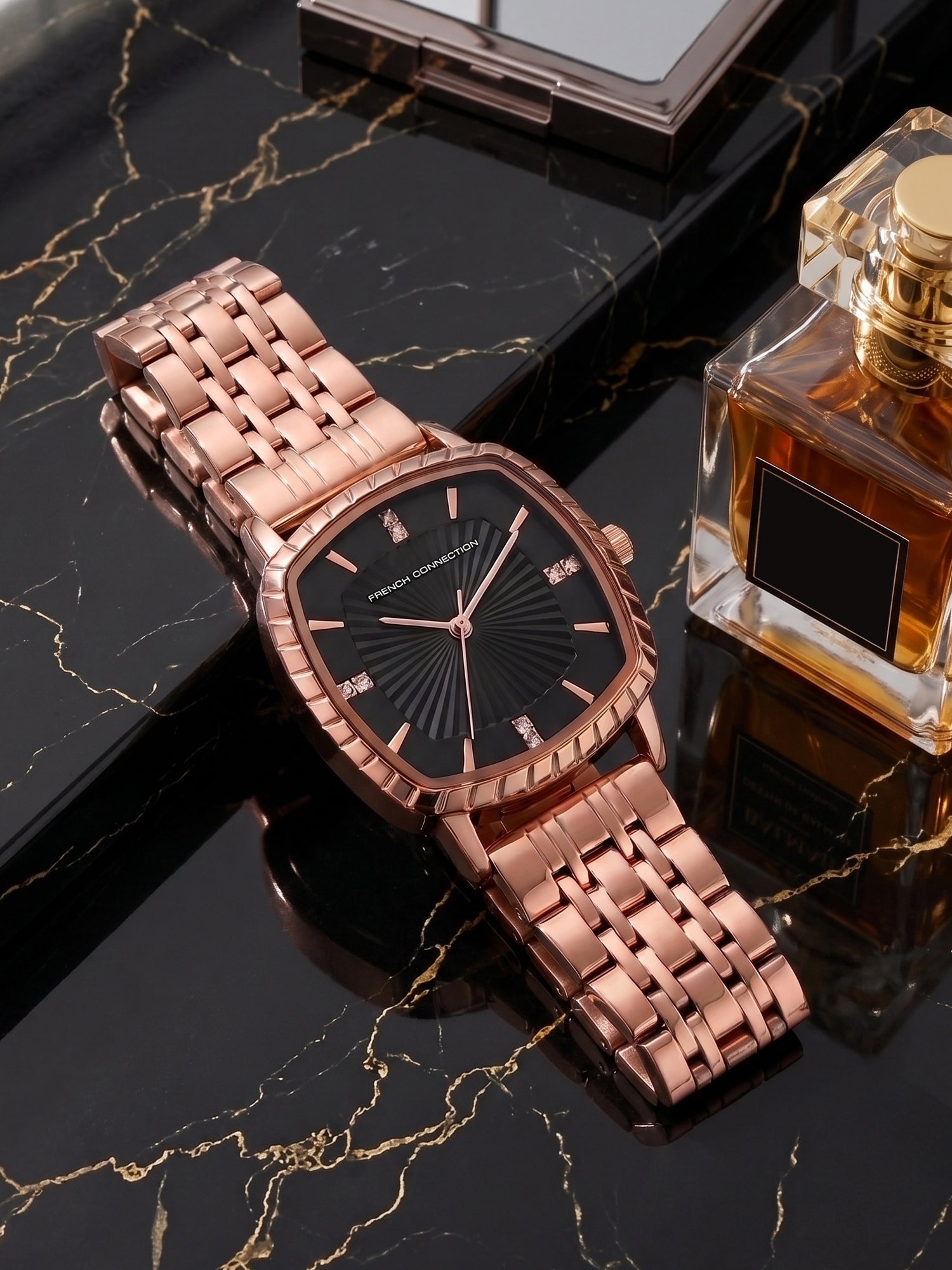 French Connection Luminéa | Quartz Jewellery Bezel | Black  Dial | Stainless Steel Strap | Watch for Women - FCN0214RGM-B