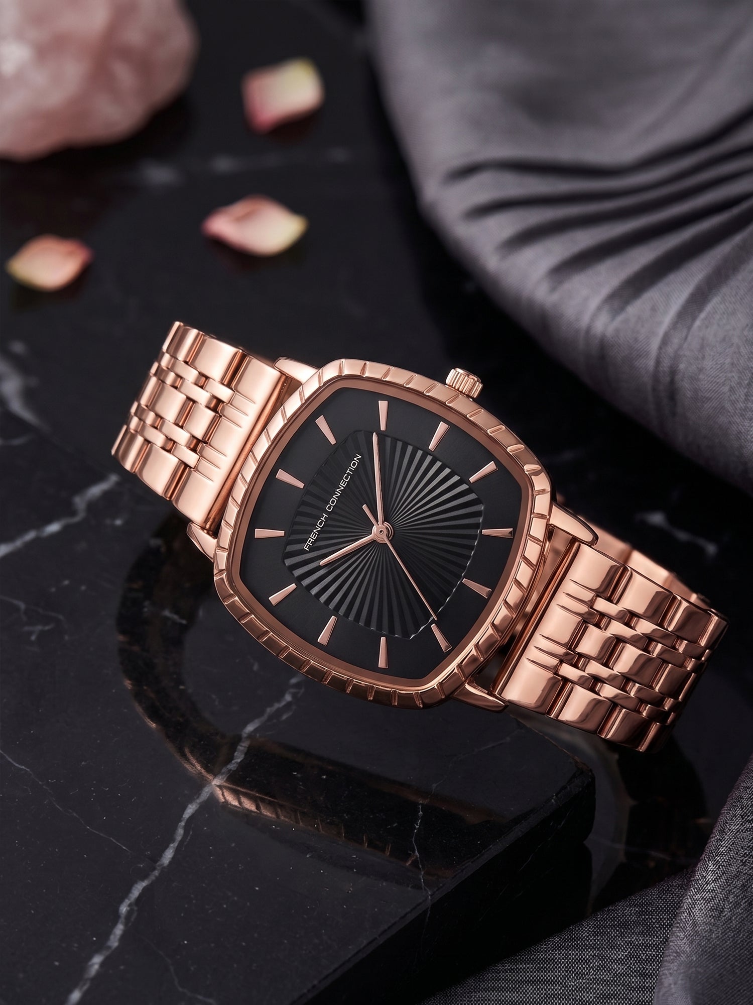 French Connection Luminéa | Quartz Jewellery Bezel | Black  Dial | Stainless Steel Strap | Watch for Women - FCN0214RGM-B