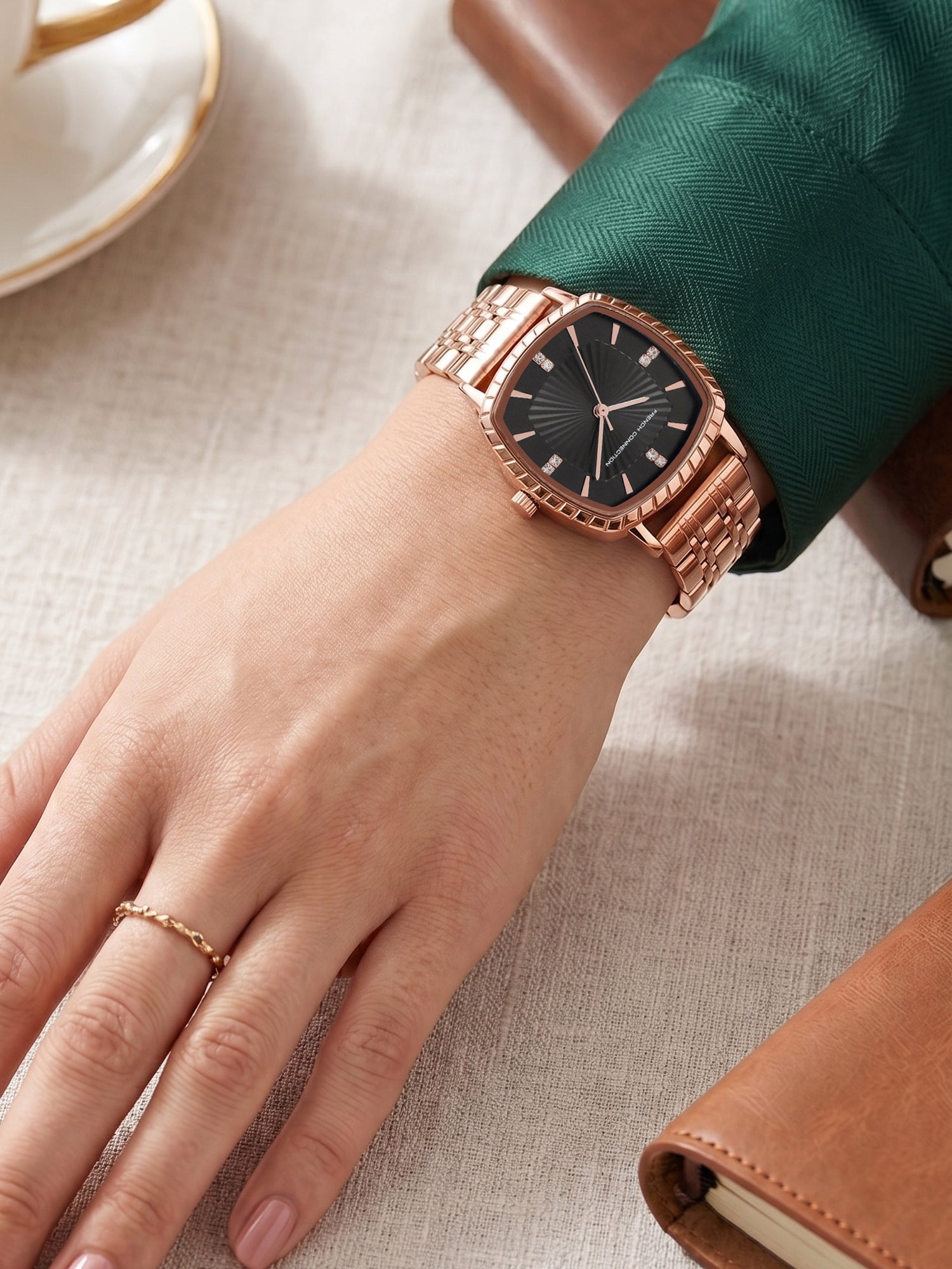 French Connection Luminéa | Quartz Jewellery Bezel | Black  Dial | Stainless Steel Strap | Watch for Women - FCN0214RGM-B