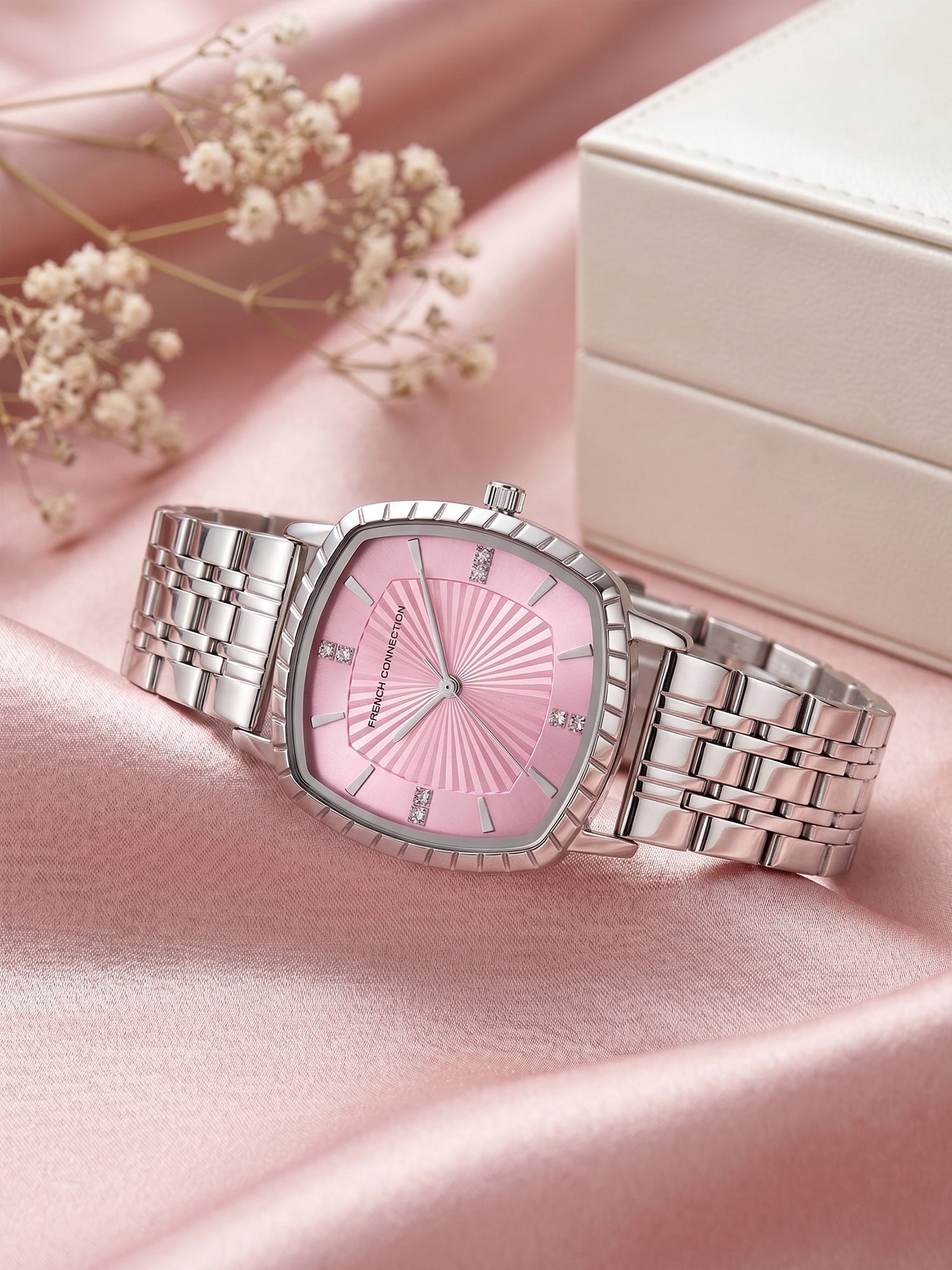 French Connection Luminéa | Quartz Jewellery Bezel | Pink  Dial | Stainless Steel Strap | Watch for Women - FCN0214SM