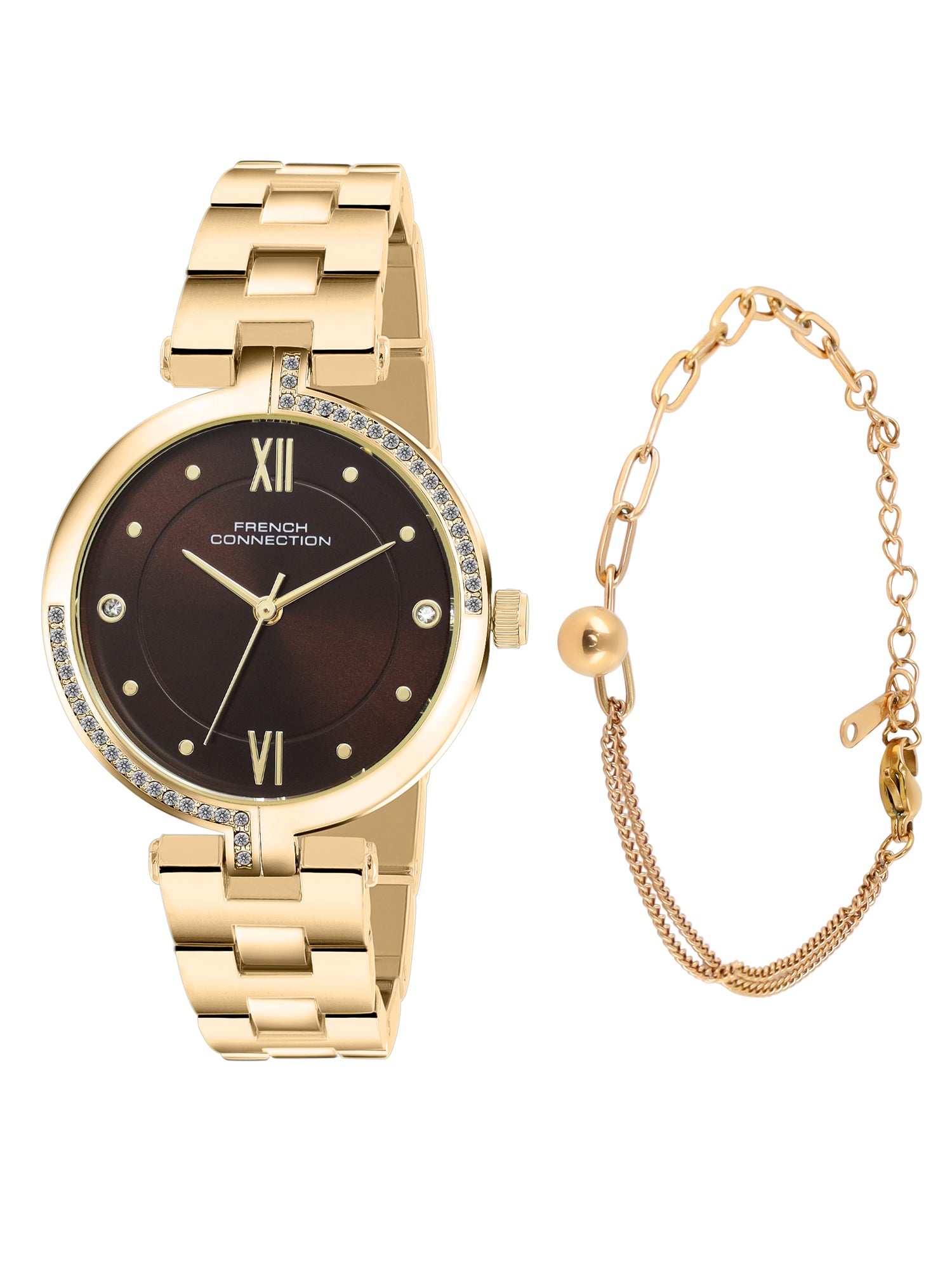 French Connection Women's Gift Set Watch with Brown Sunray Dial, Gold Stainless Steel Bracelet & Matching Bracelet Gift Set – FCN0220GM