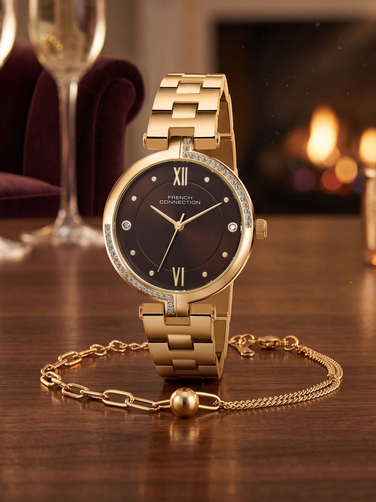 French Connection Women's Gift Set Watch with Brown Sunray Dial, Gold Stainless Steel Bracelet & Matching Bracelet Gift Set – FCN0220GM
