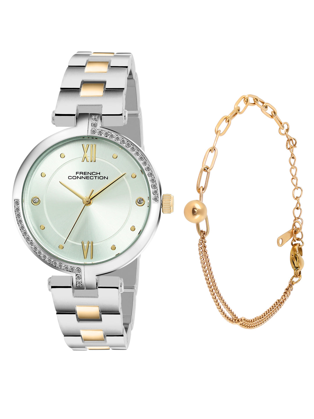 French Connection Women's Gift Set Watch with Green Sunray Dial, Two-Tone Stainless Steel Bracelet & Matching Bracelet Gift Set – FCN0220NTM