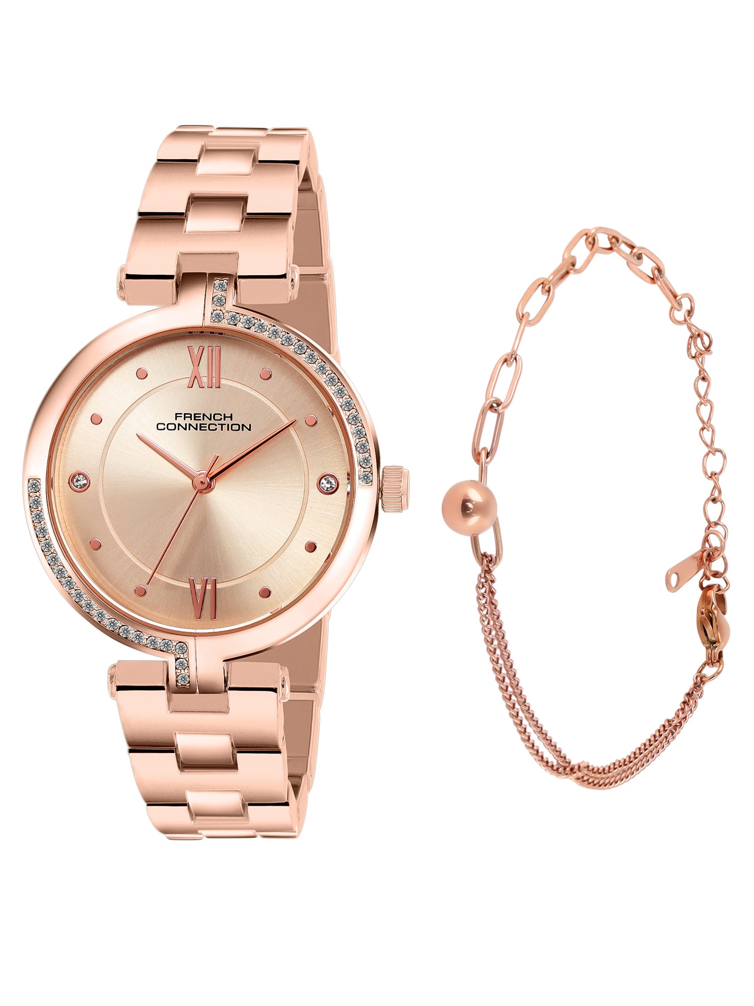French Connection Women's Gift Set Watch with Rose Gold Sunray Dial, Rose Gold Stainless Steel Bracelet & Matching Bracelet Gift Set – FCN0220RGM