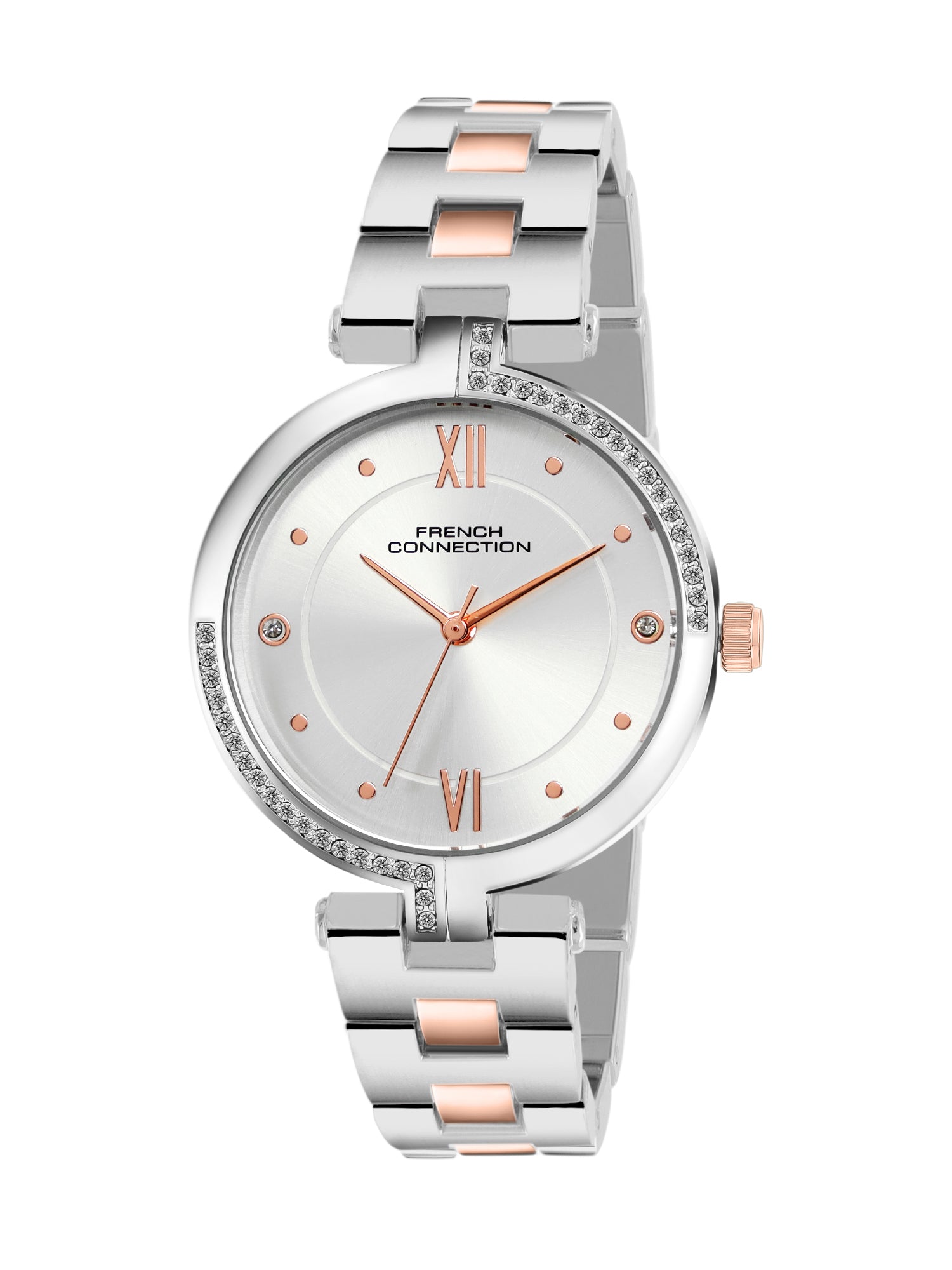 French Connection Women's Gift Set Watch with Silver Sunray Dial, Two-Tone Stainless Steel Bracelet & Matching Bracelet Gift Set – FCN0220RTM