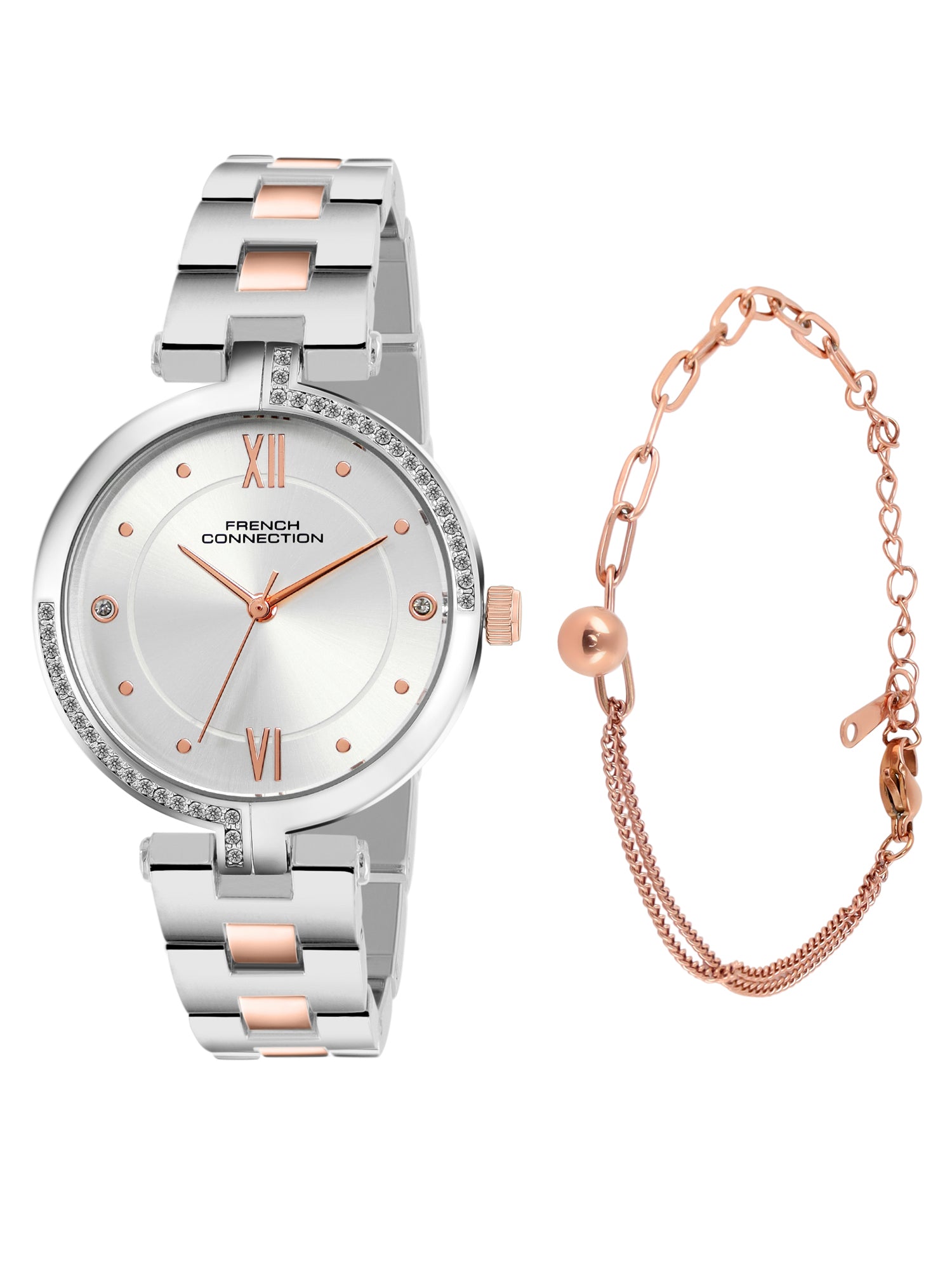French Connection Women's Gift Set Watch with Silver Sunray Dial, Two-Tone Stainless Steel Bracelet & Matching Bracelet Gift Set – FCN0220RTM