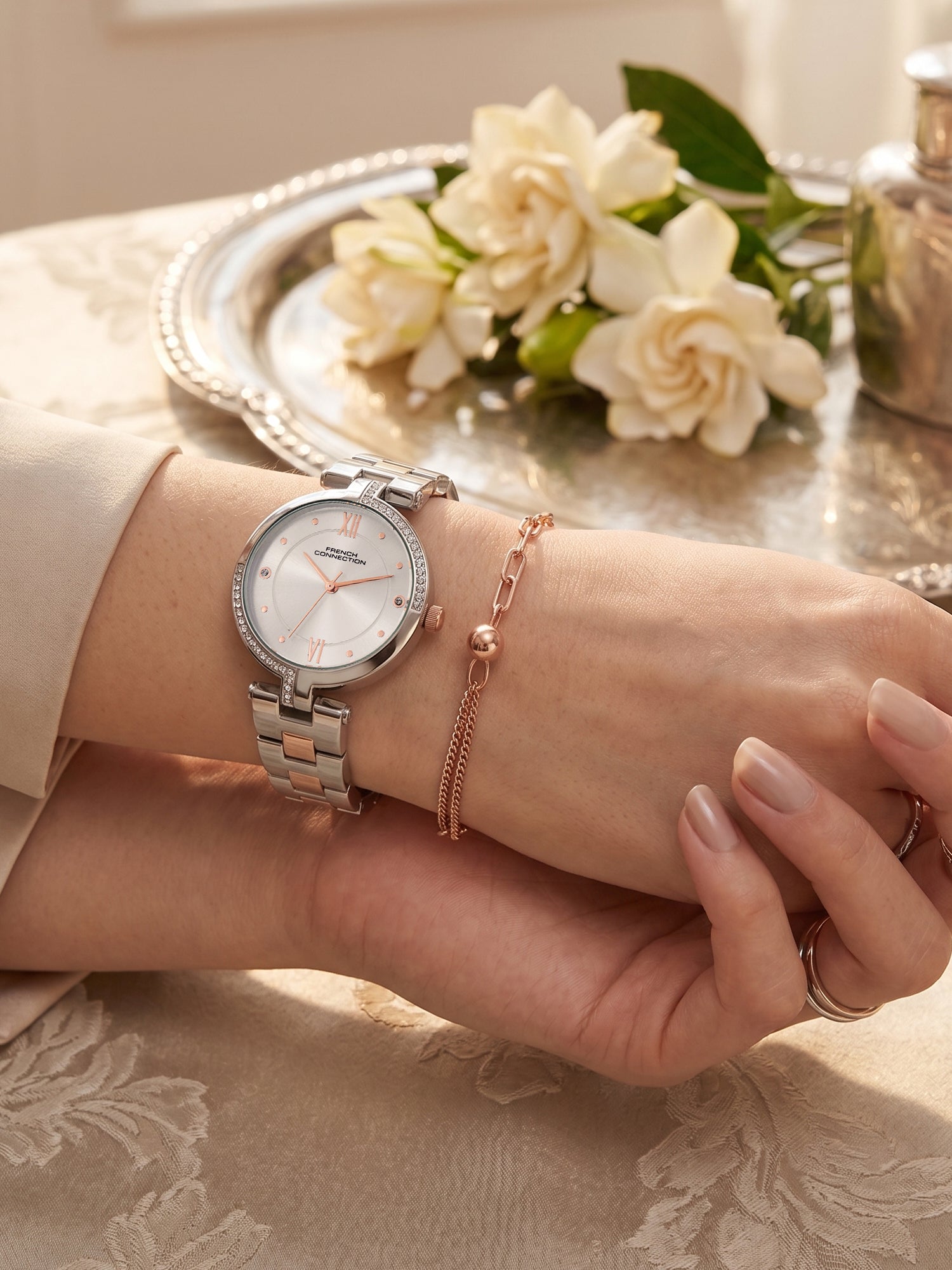 French Connection Women's Gift Set Watch with Silver Sunray Dial, Two-Tone Stainless Steel Bracelet & Matching Bracelet Gift Set – FCN0220RTM