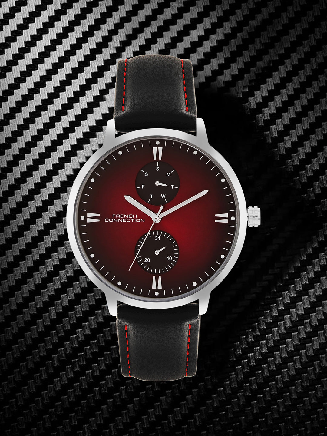 French connection Opus Maroon Round Dial Mens Mult Function Watch FCN066MBL