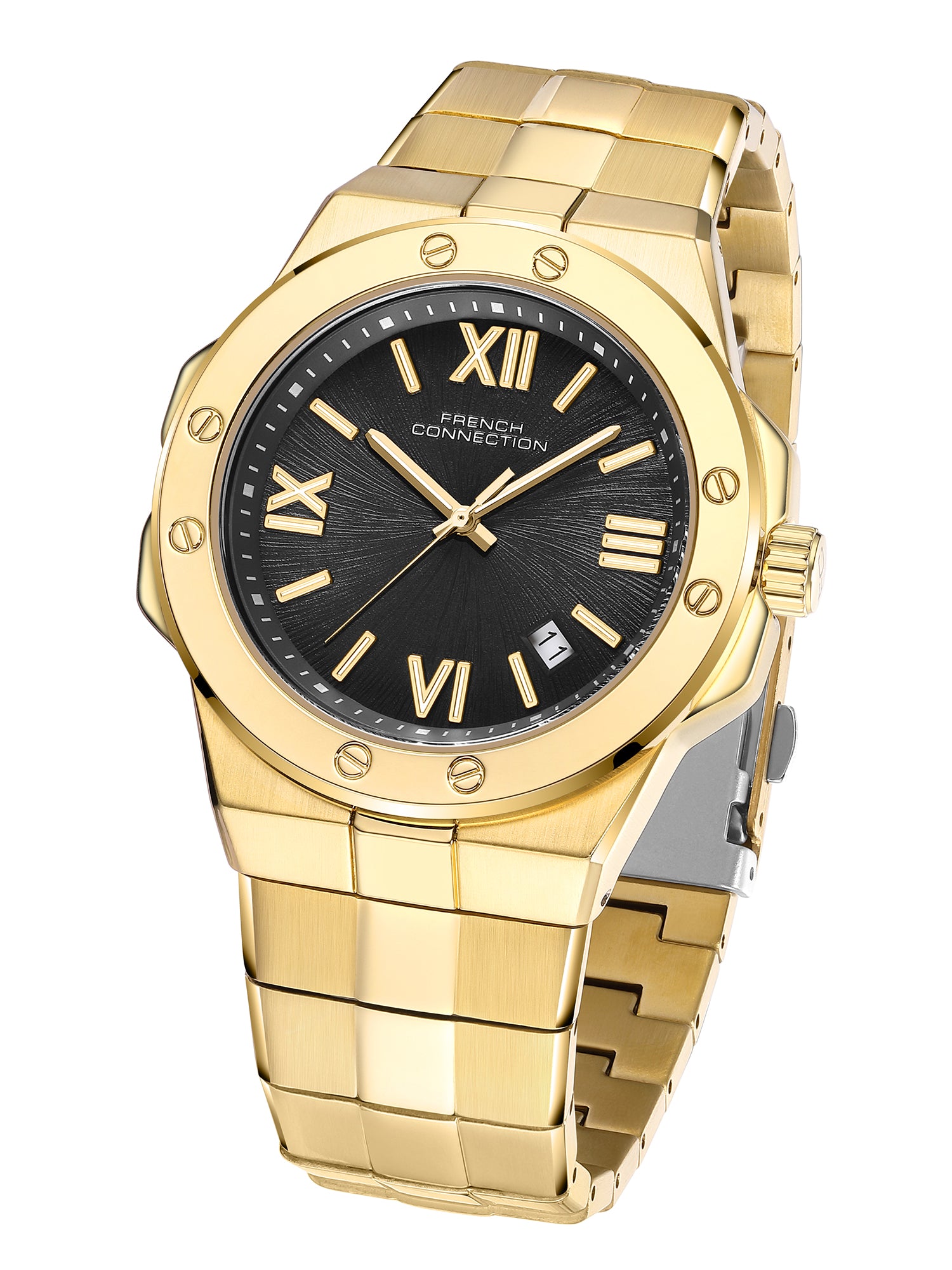 French Connection Imperis | Quartz Analog Display | Black Dated Dial | Gold Stainless Steel Strap | Watch for Men - FCO10GM