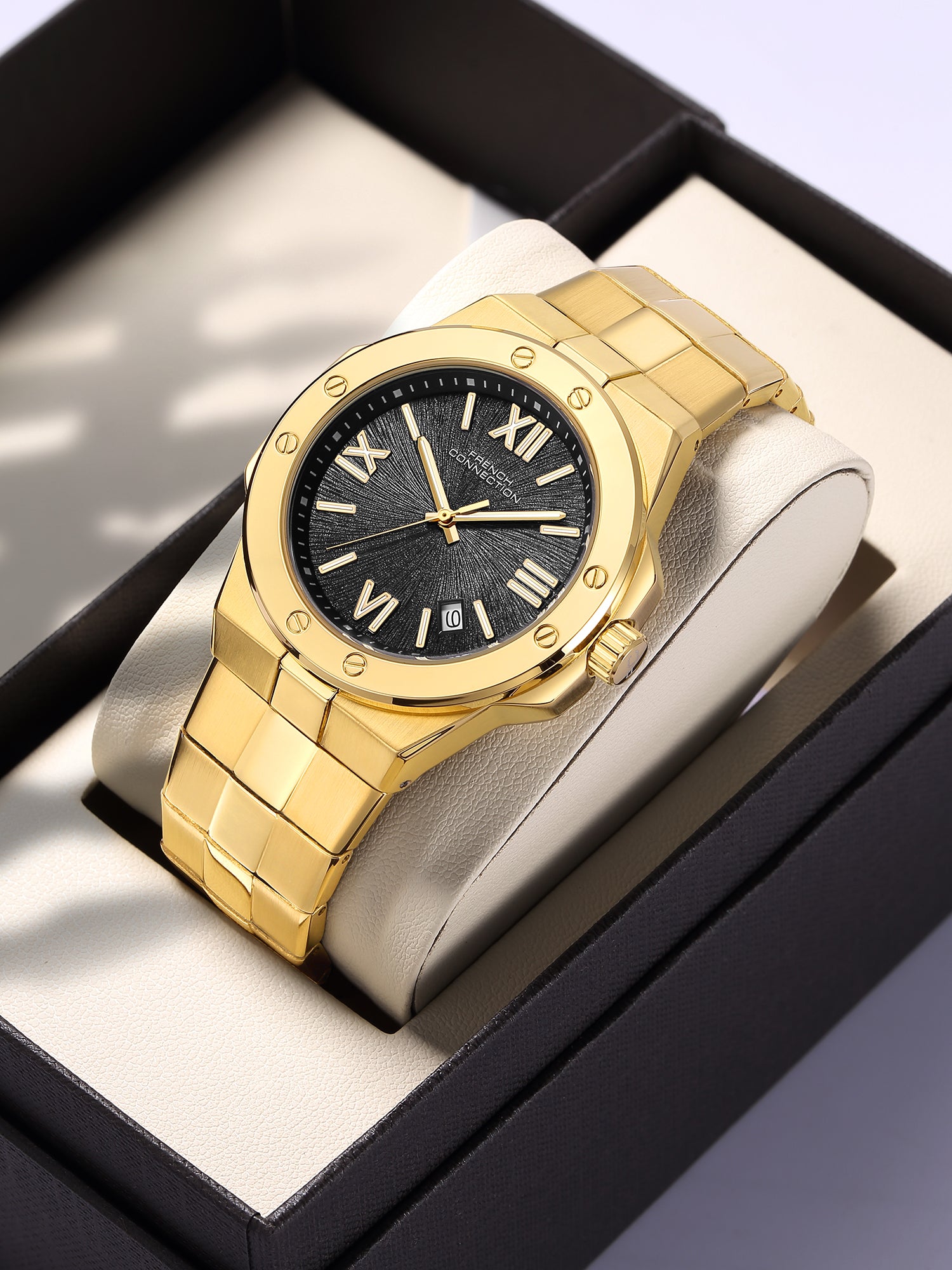 French Connection Imperis | Quartz Analog Display | Black Dated Dial | Gold Stainless Steel Strap | Watch for Men - FCO10GM