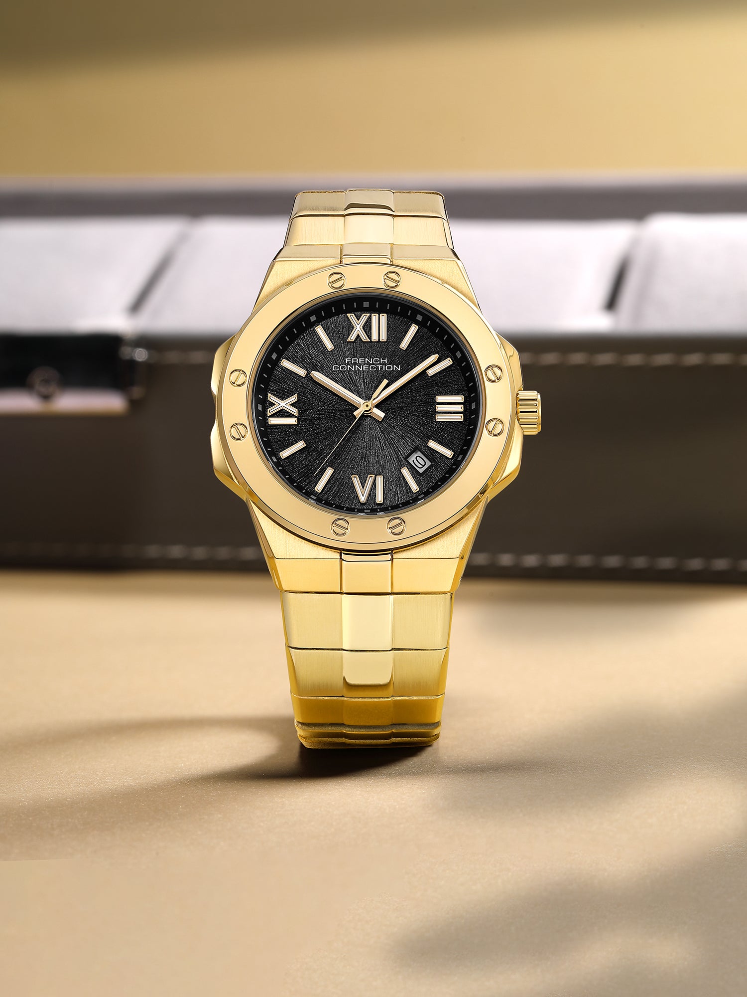French Connection Imperis | Quartz Analog Display | Black Dated Dial | Gold Stainless Steel Strap | Watch for Men - FCO10GM