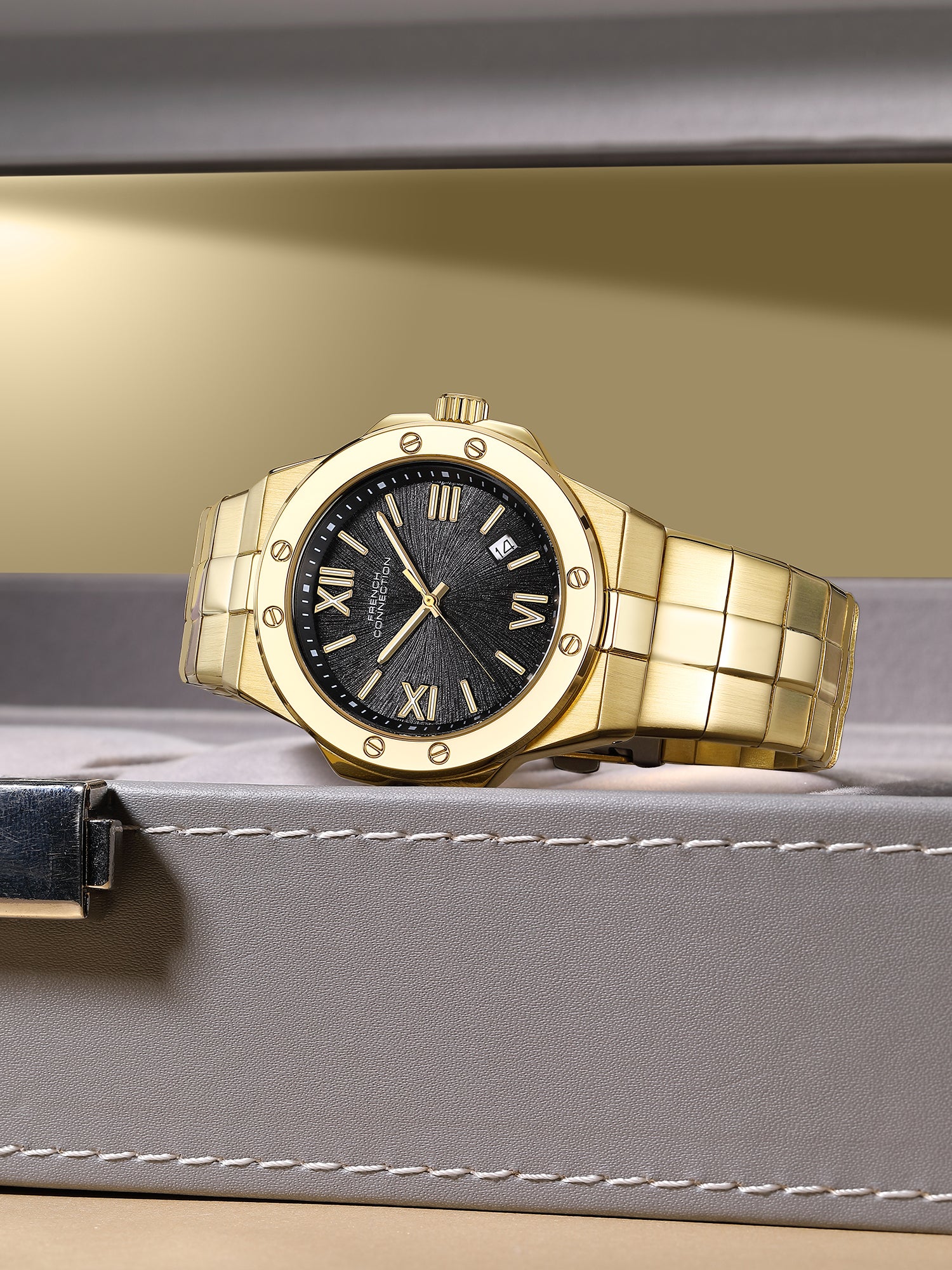 French Connection Imperis | Quartz Analog Display | Black Dated Dial | Gold Stainless Steel Strap | Watch for Men - FCO10GM