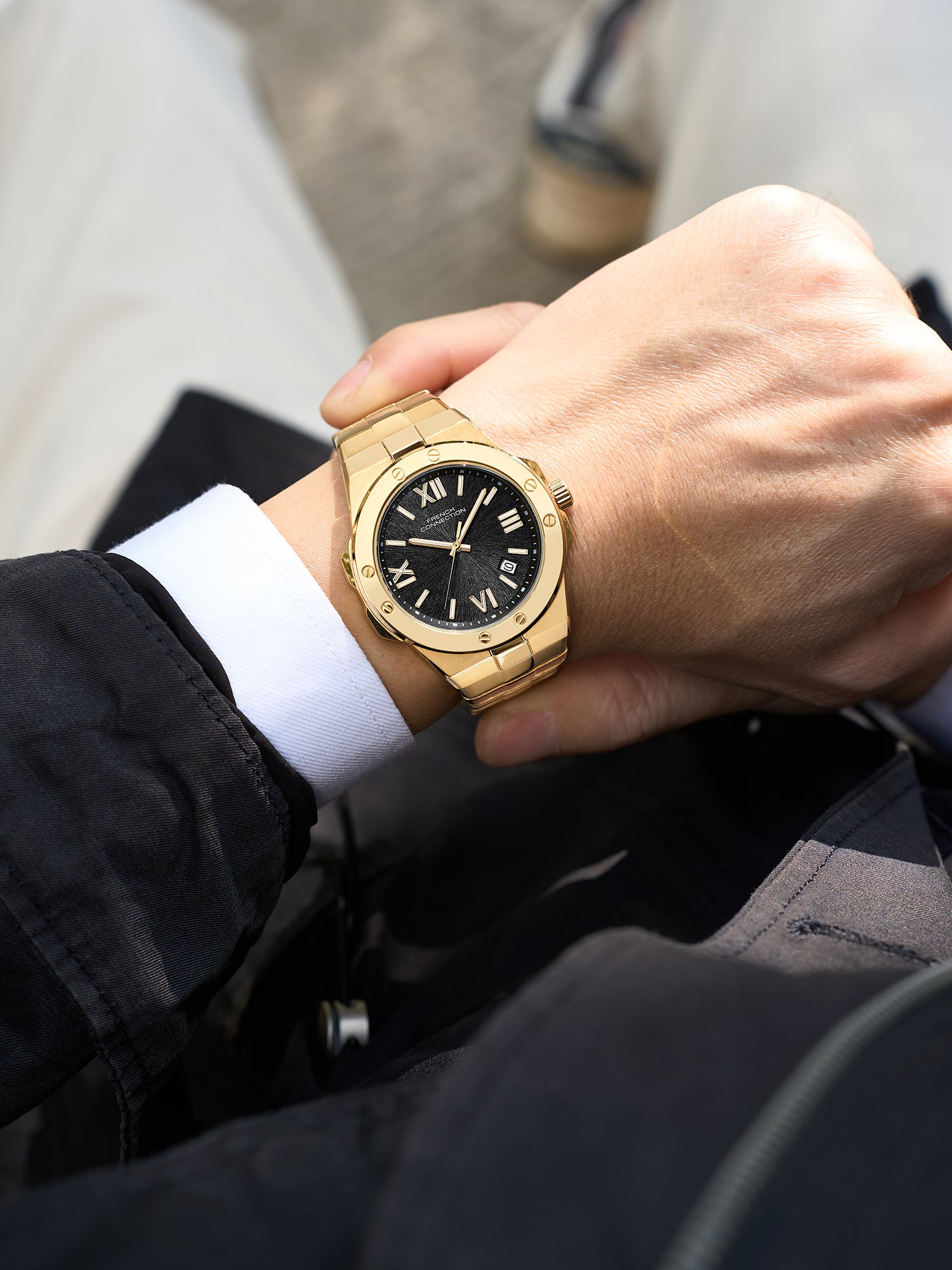 French Connection Imperis | Quartz Analog Display | Black Dated Dial | Gold Stainless Steel Strap | Watch for Men - FCO10GM