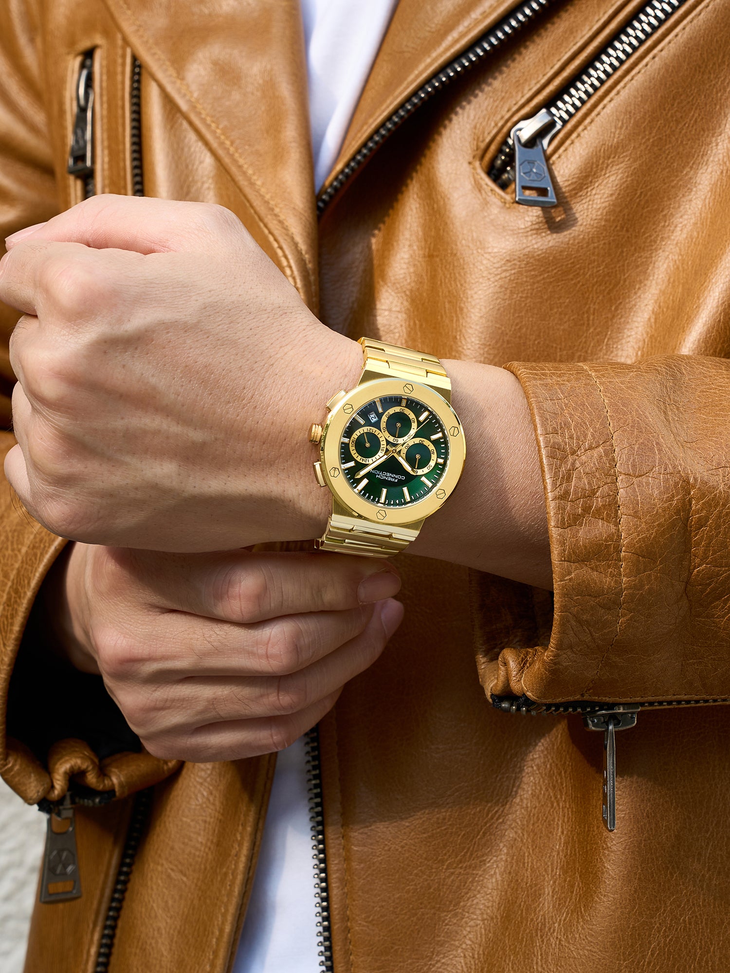 French Connection MetroBolt | Quartz Chronograph | Green Dial | Gold Stainless Steel Strap | Watch for Men - FCO11NGM