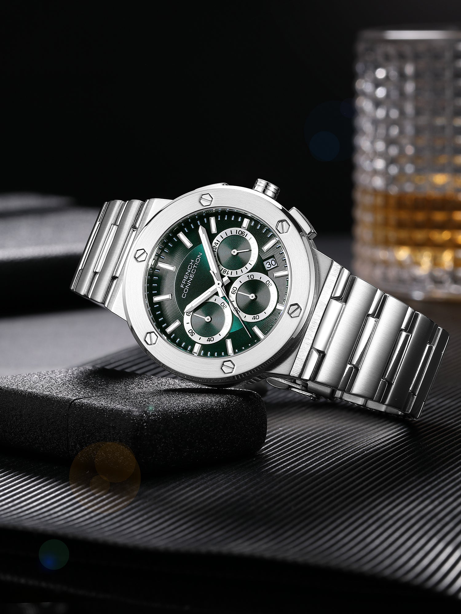 French Connection MetroBolt | Quartz Chronograph | Green Dial | Silver Stainless Steel Strap | Watch for Men - FCO11USM