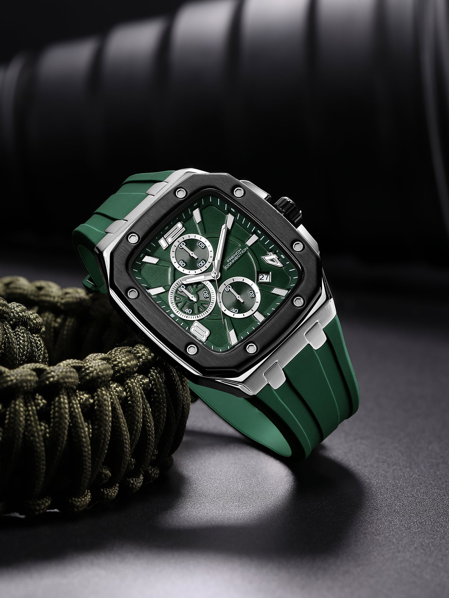French Connection Aurionx | Quartz Chronograph | Green Dial | Green Silicone Strap | Watch for Men - FCO12N